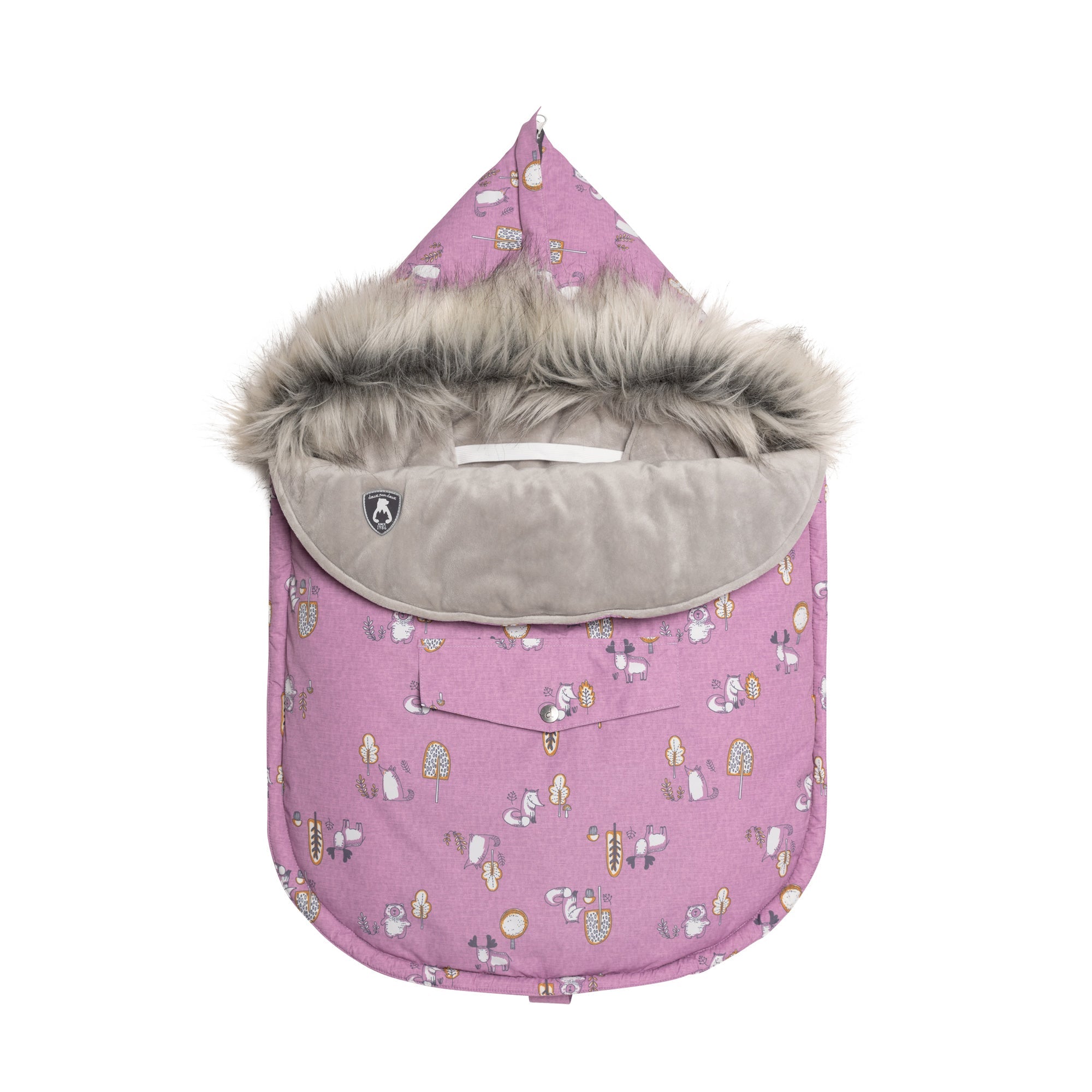 Lilac baby pouch featuring woodland animals print, insulated design, removable hood with faux fur trim, and included sherpa accessories.