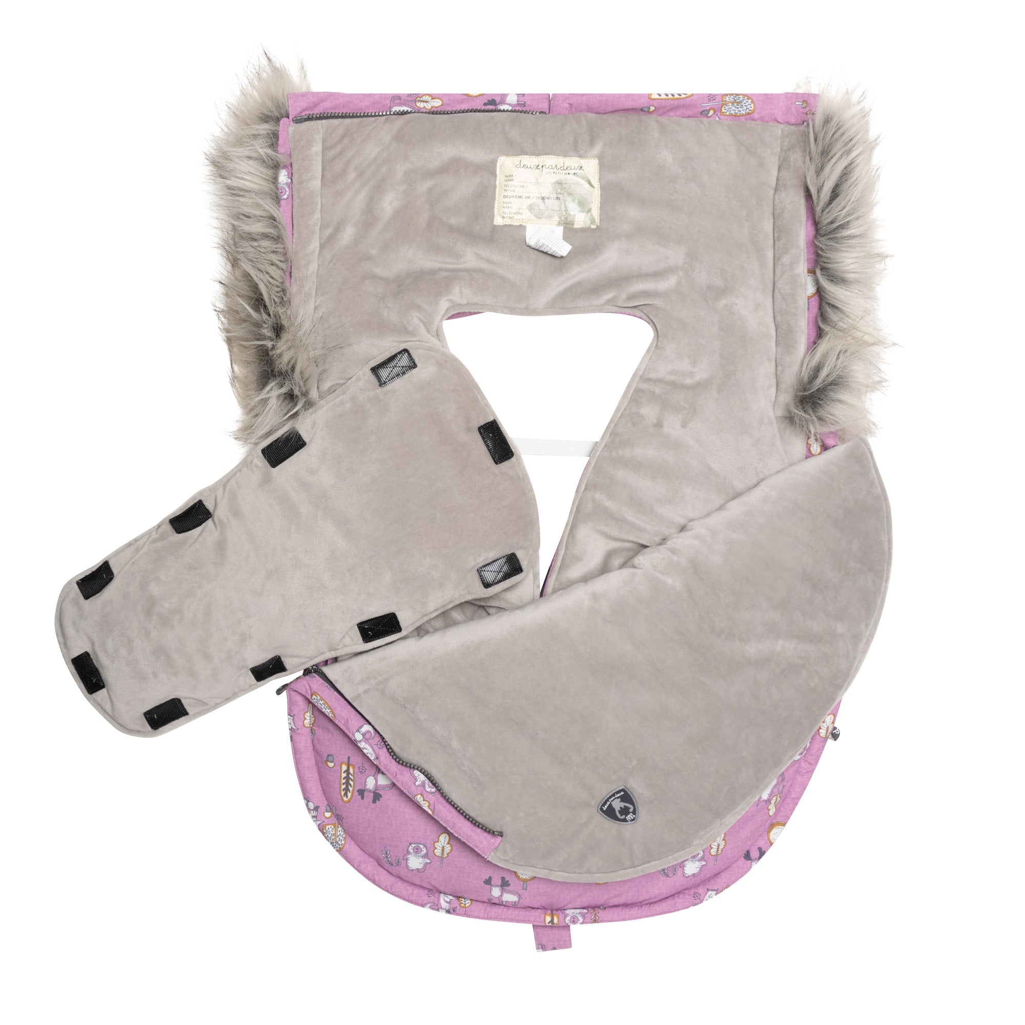 Lilac baby pouch featuring woodland animals print, insulated design, removable hood with faux fur trim, and included sherpa accessories.