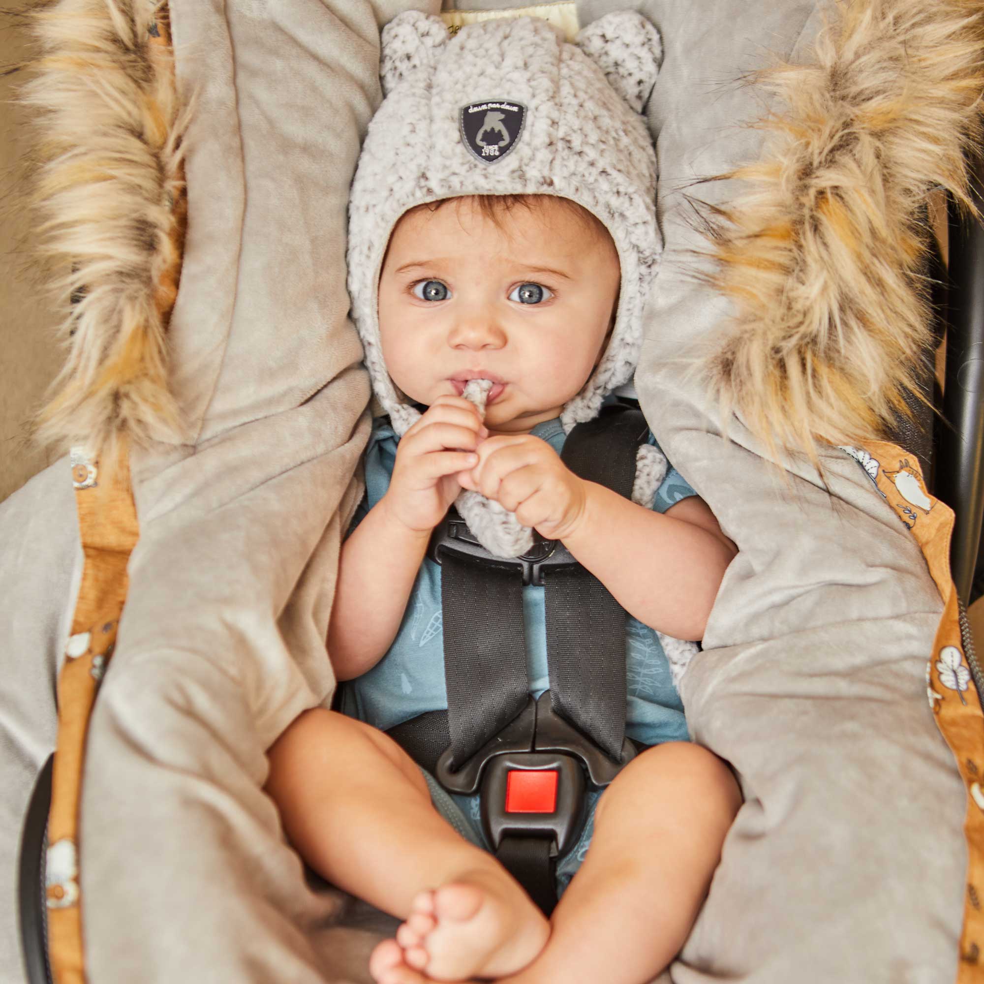 Yellow baby pouch featuring printed woodland animals, insulated design with faux fur trim hood, and included sherpa hat and blanket.