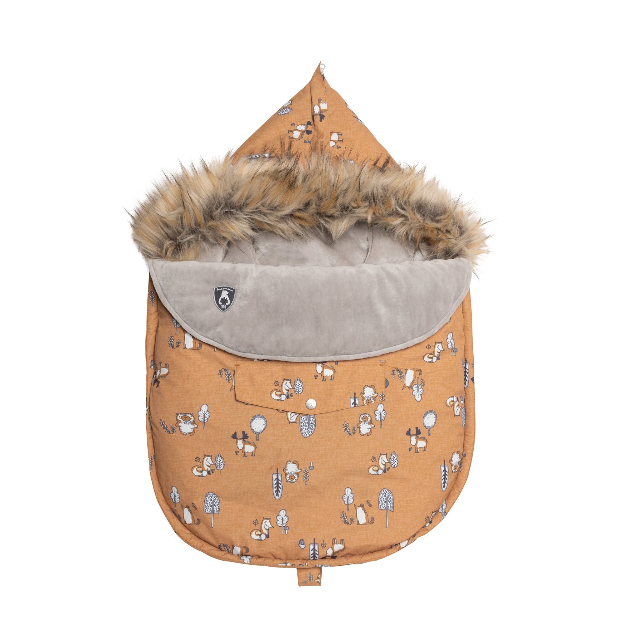 Yellow baby pouch featuring printed woodland animals, insulated design with faux fur trim hood, and included sherpa hat and blanket.