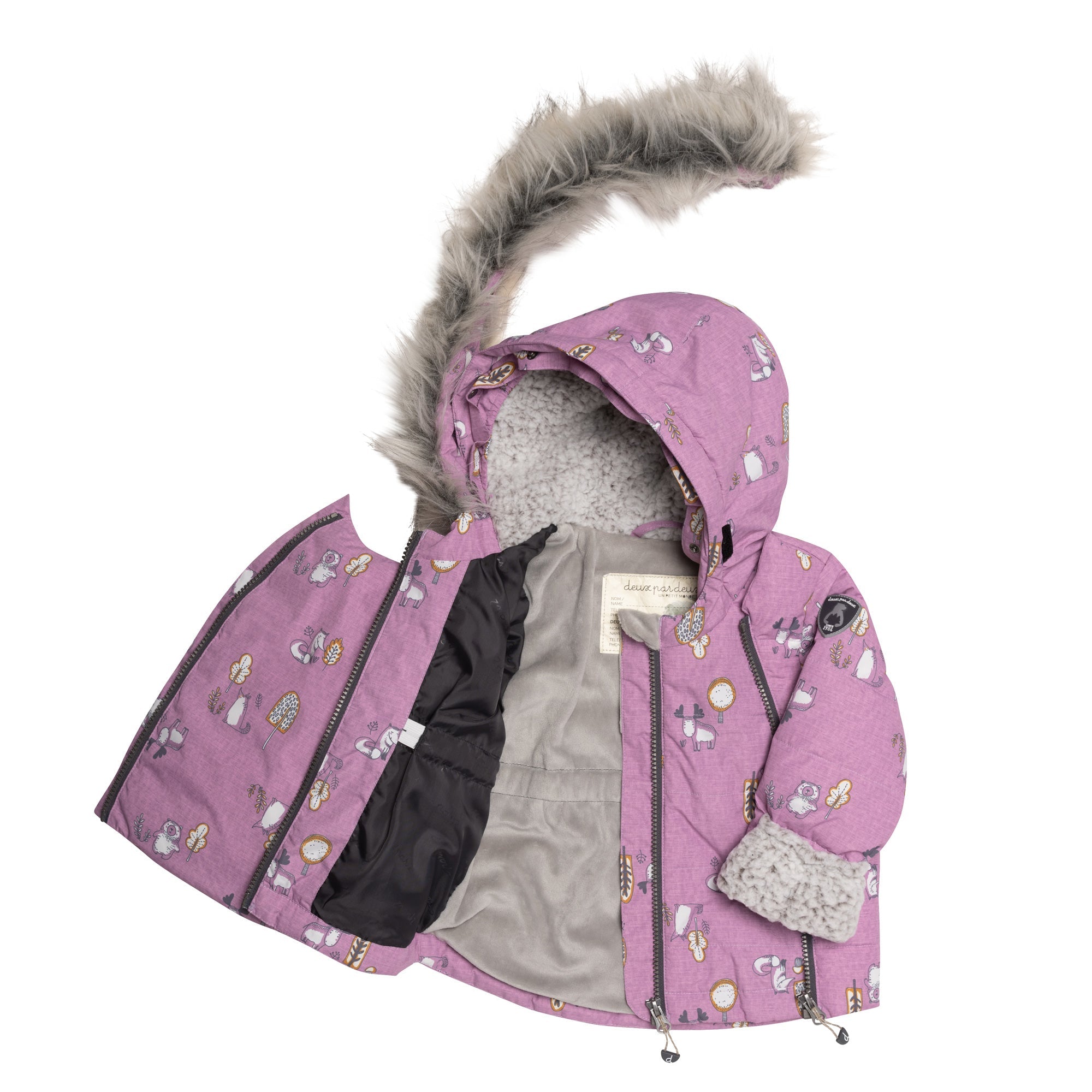 A two-piece baby snowsuit in lilac featuring a woodland animals print, with solid pants and a stylish jacket with faux fur trim.