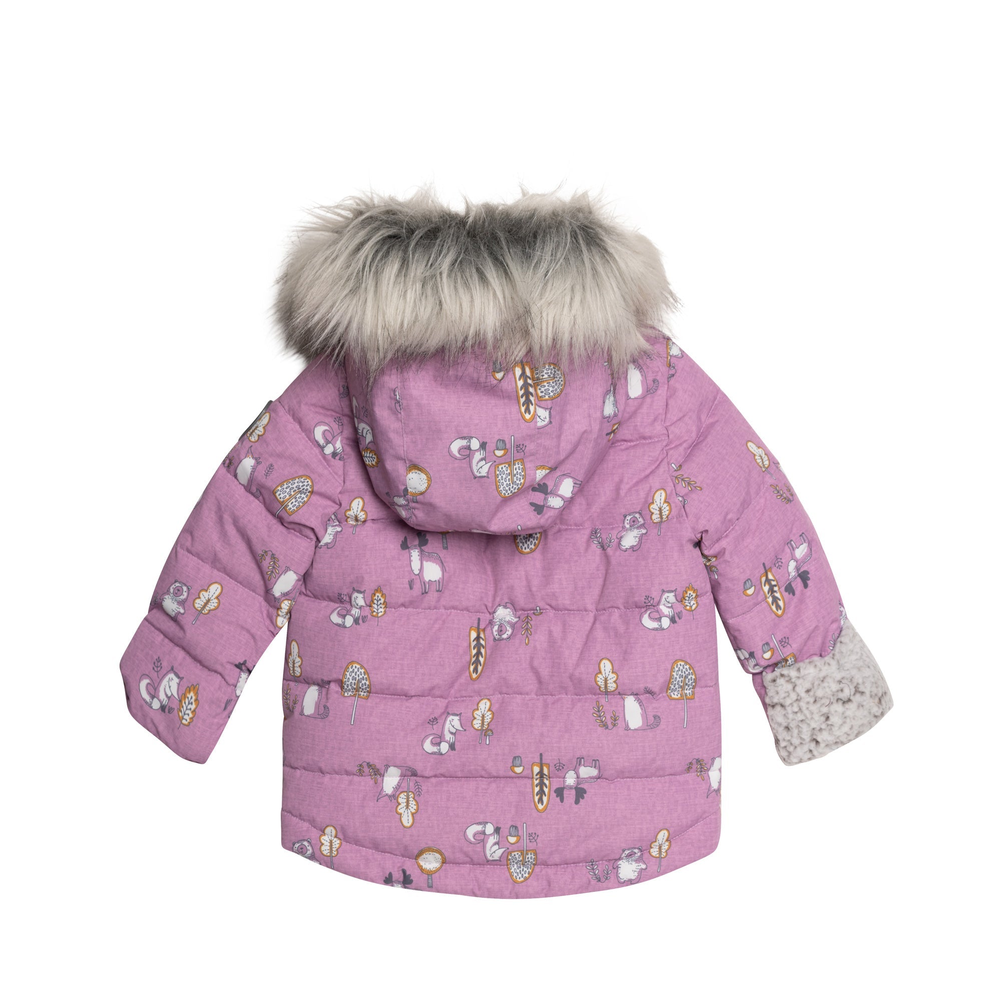 A two-piece baby snowsuit in lilac featuring a woodland animals print, with solid pants and a stylish jacket with faux fur trim.