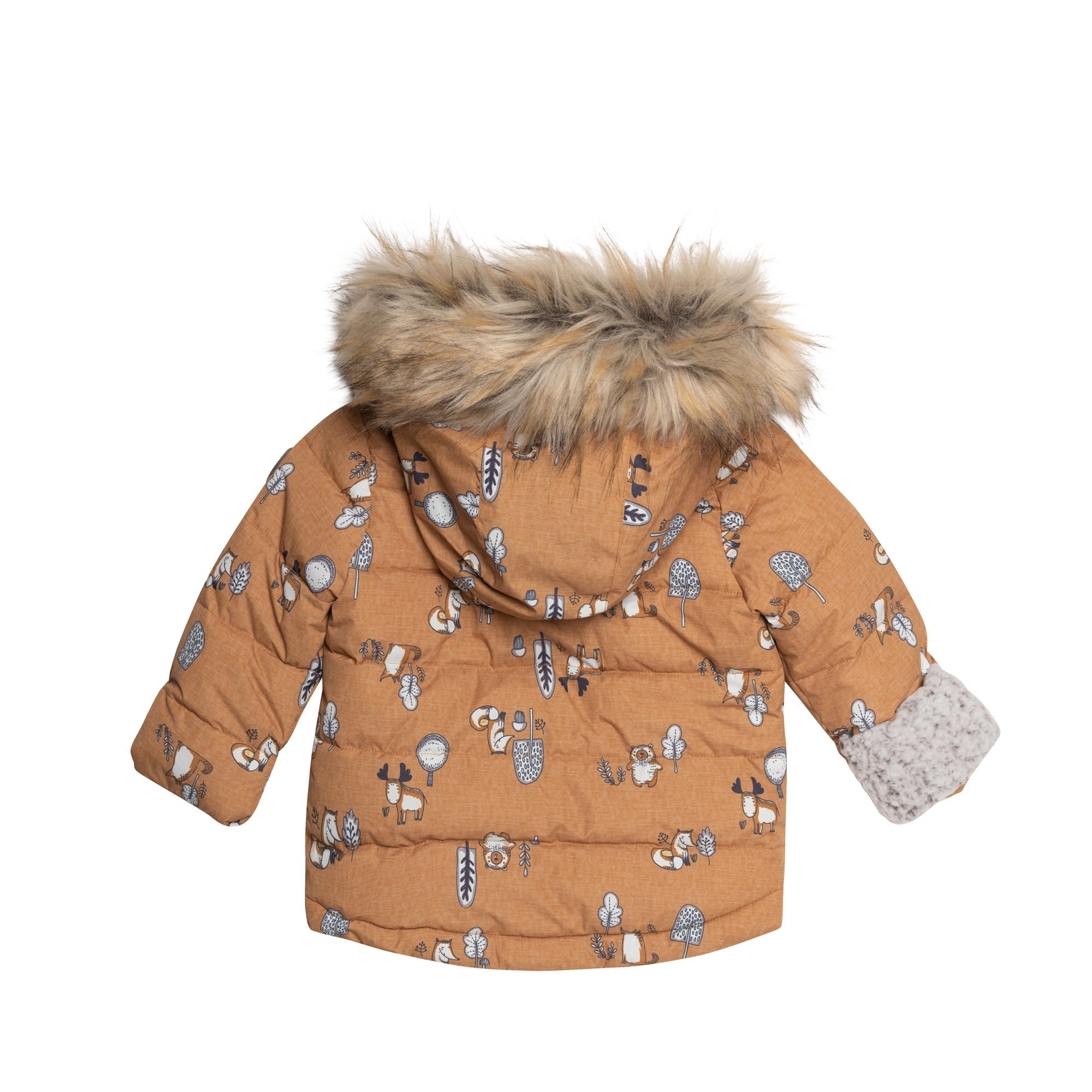 A vibrant yellow two-piece baby snowsuit featuring woodland animal prints, with a fleece-lined jacket and solid pants, perfect for winter wear.