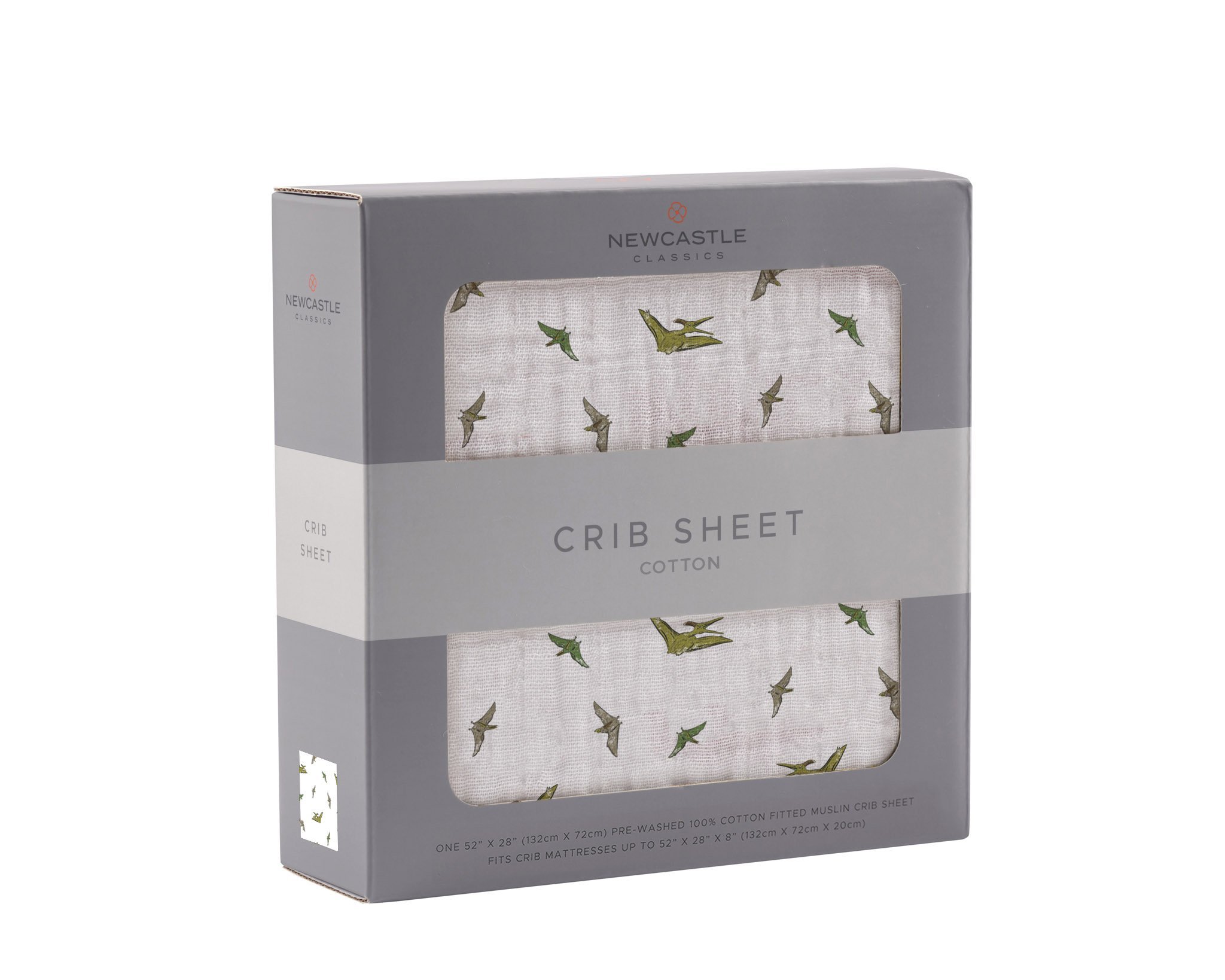 Pteranodon Cotton Muslin Crib Sheet featuring a playful dinosaur print, soft and breathable fabric, perfect for standard crib mattresses.