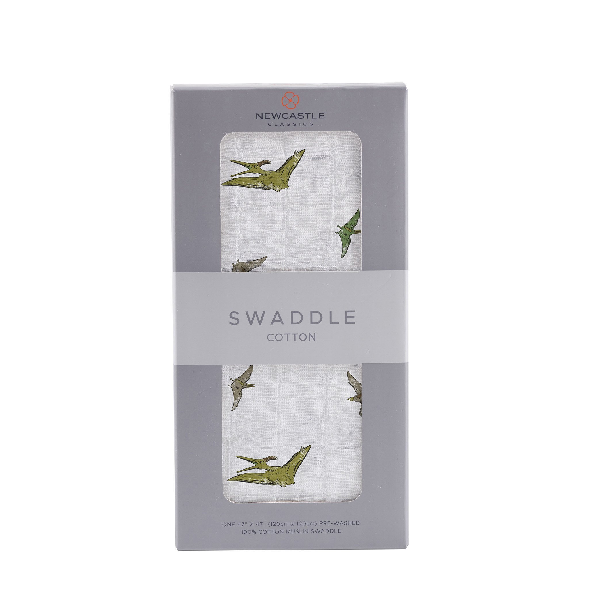 Pteranodon Cotton Muslin Swaddle featuring a playful dinosaur print, made from soft and breathable 100% natural cotton muslin.