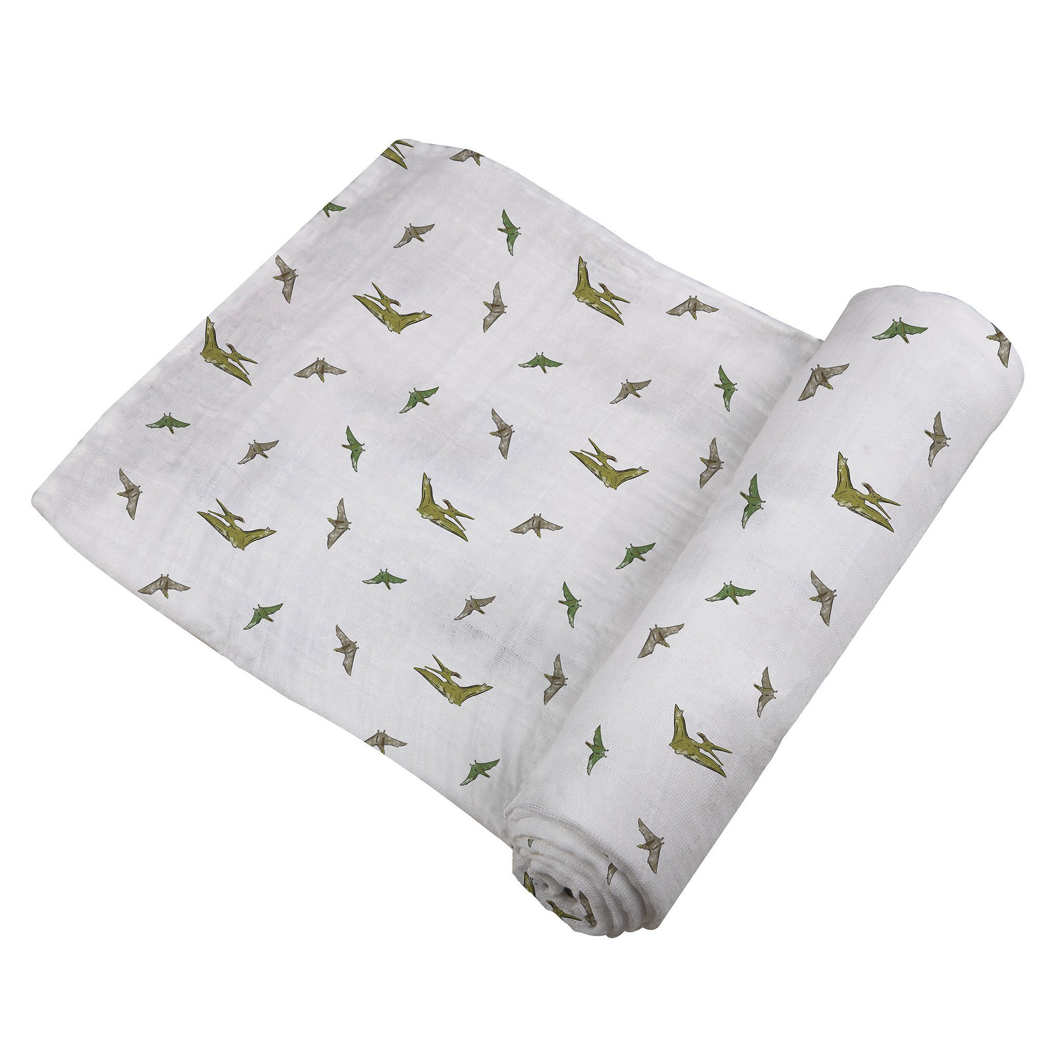 Pteranodon Cotton Muslin Swaddle featuring a playful dinosaur print, made from soft and breathable 100% natural cotton muslin.