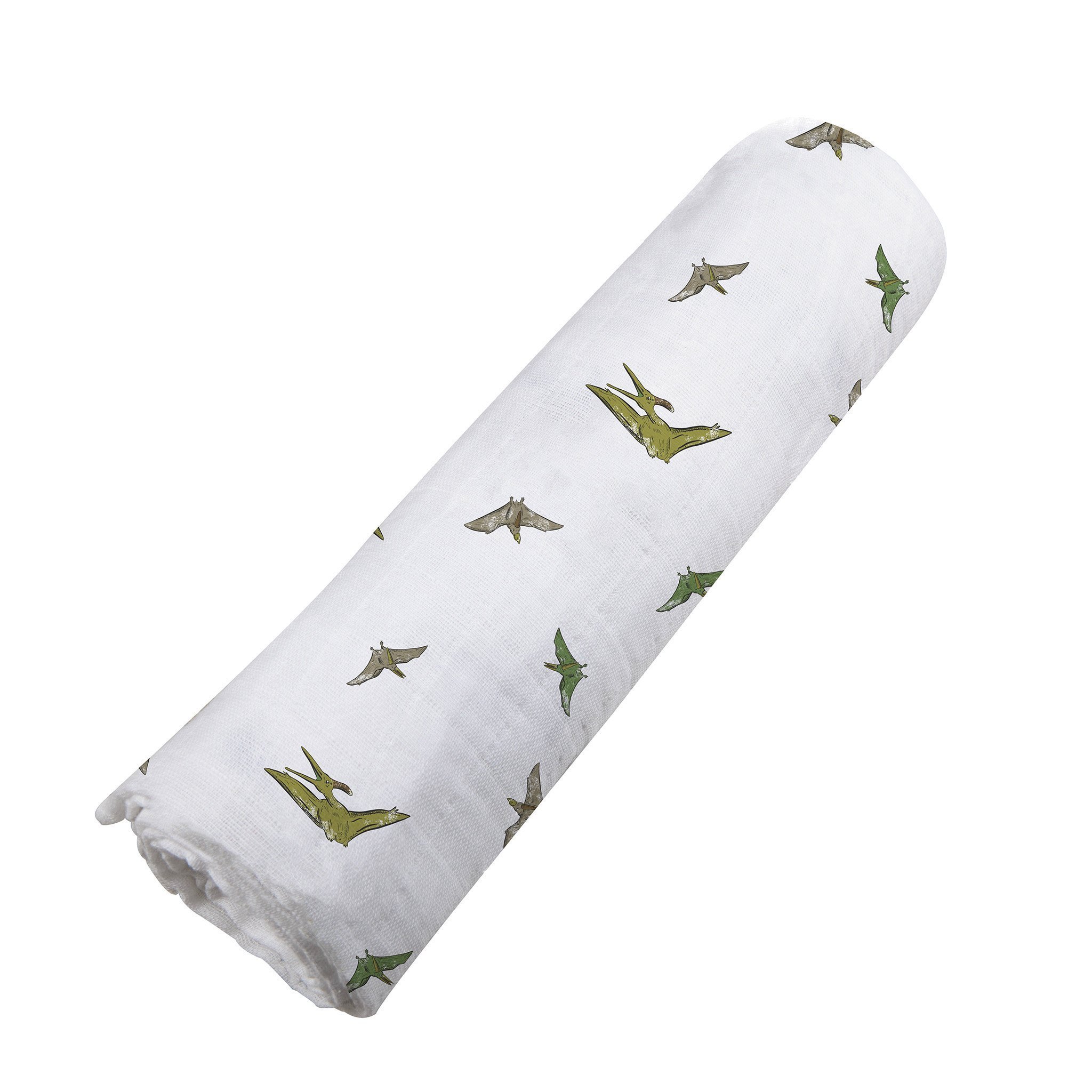 Pteranodon Cotton Muslin Swaddle featuring a playful dinosaur print, made from soft and breathable 100% natural cotton muslin.