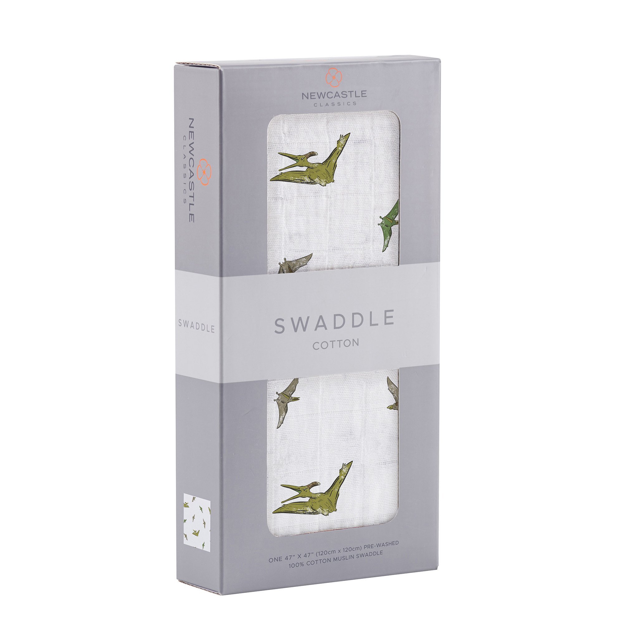 Pteranodon Cotton Muslin Swaddle featuring a playful dinosaur print, made from soft and breathable 100% natural cotton muslin.