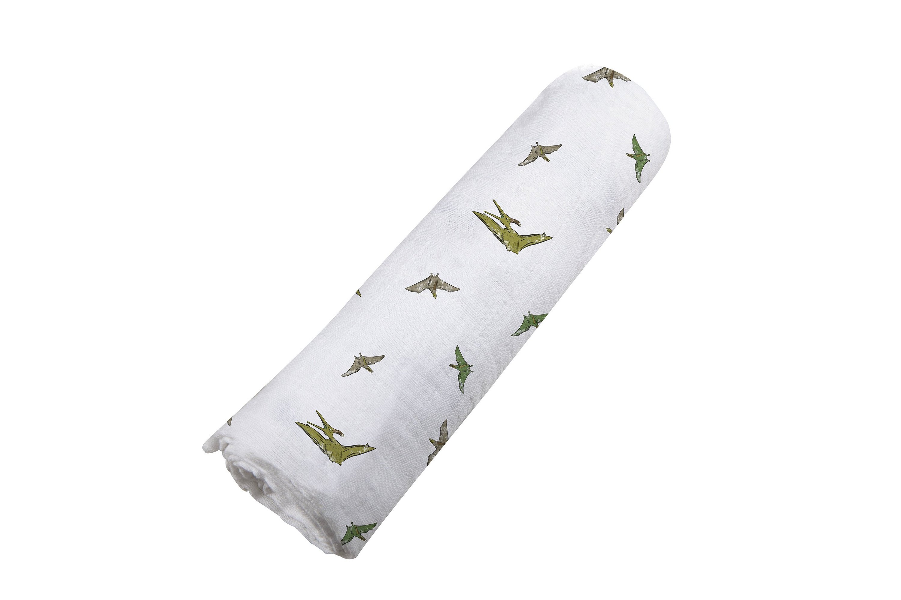 Pteranodon Cotton Muslin Swaddle featuring a playful dinosaur print, made from soft and breathable 100% natural cotton muslin.