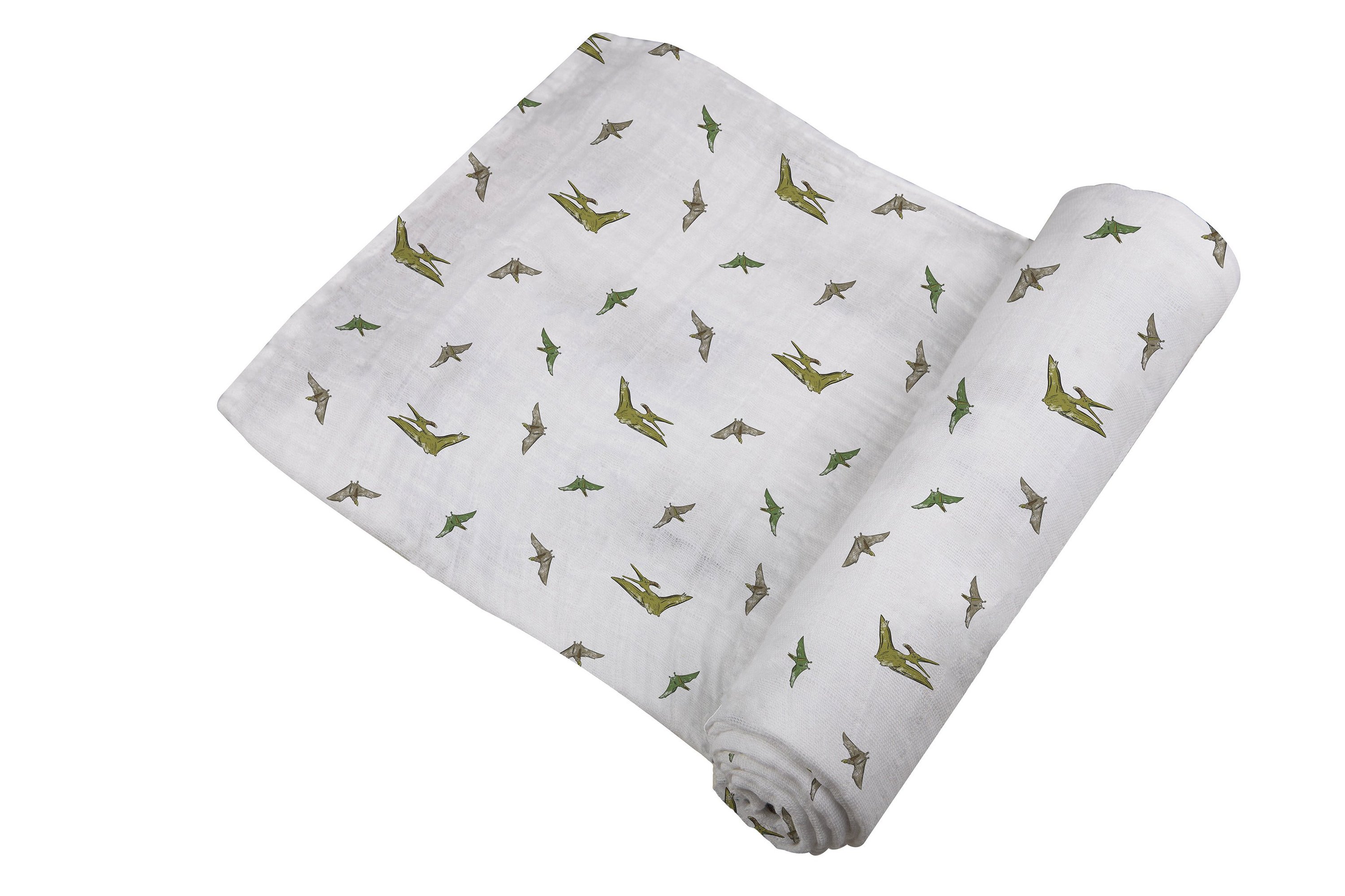 Pteranodon Cotton Muslin Swaddle featuring a playful dinosaur print, made from soft and breathable 100% natural cotton muslin.