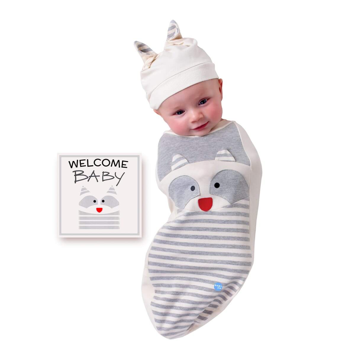 Raccoon Baby cocoon swaddle set with matching headpiece and announcement card, designed for newborns.