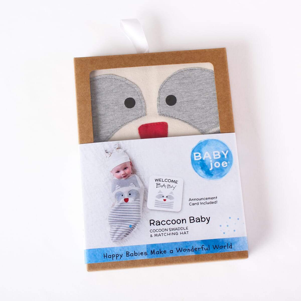 Raccoon Baby cocoon swaddle set with matching headpiece and announcement card, designed for newborns.