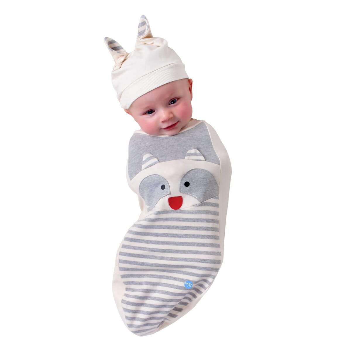 Raccoon Baby cocoon swaddle set with matching headpiece and announcement card, designed for newborns.