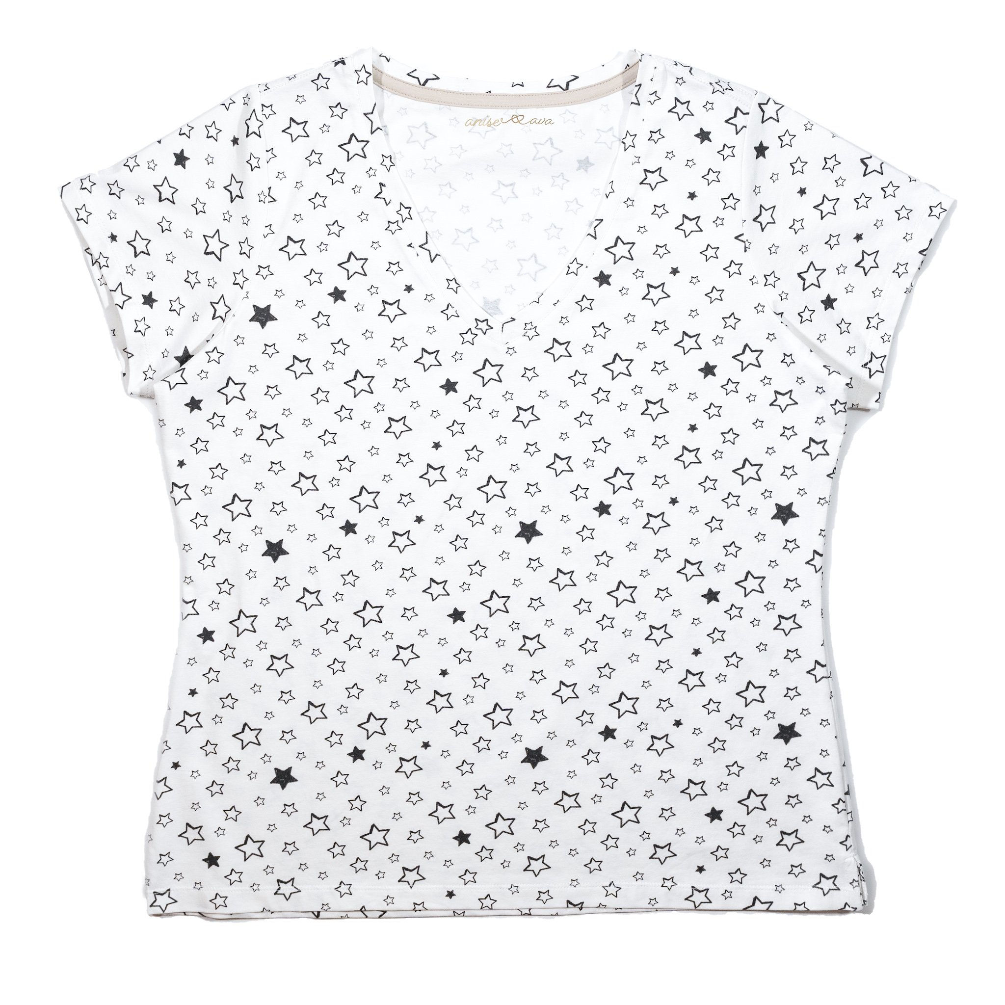 Rebekkah tee in Starry print featuring short sleeves and V-neck design, made from premium stretch cotton.