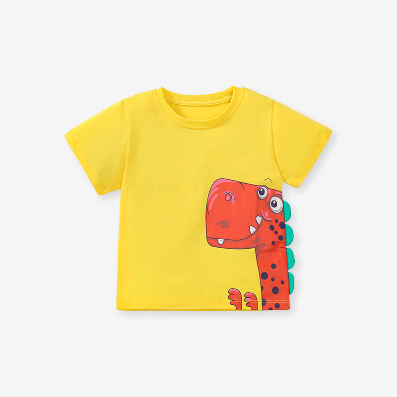 A vibrant yellow boys' t-shirt featuring a playful red dinosaur cartoon design, perfect for summer wear.