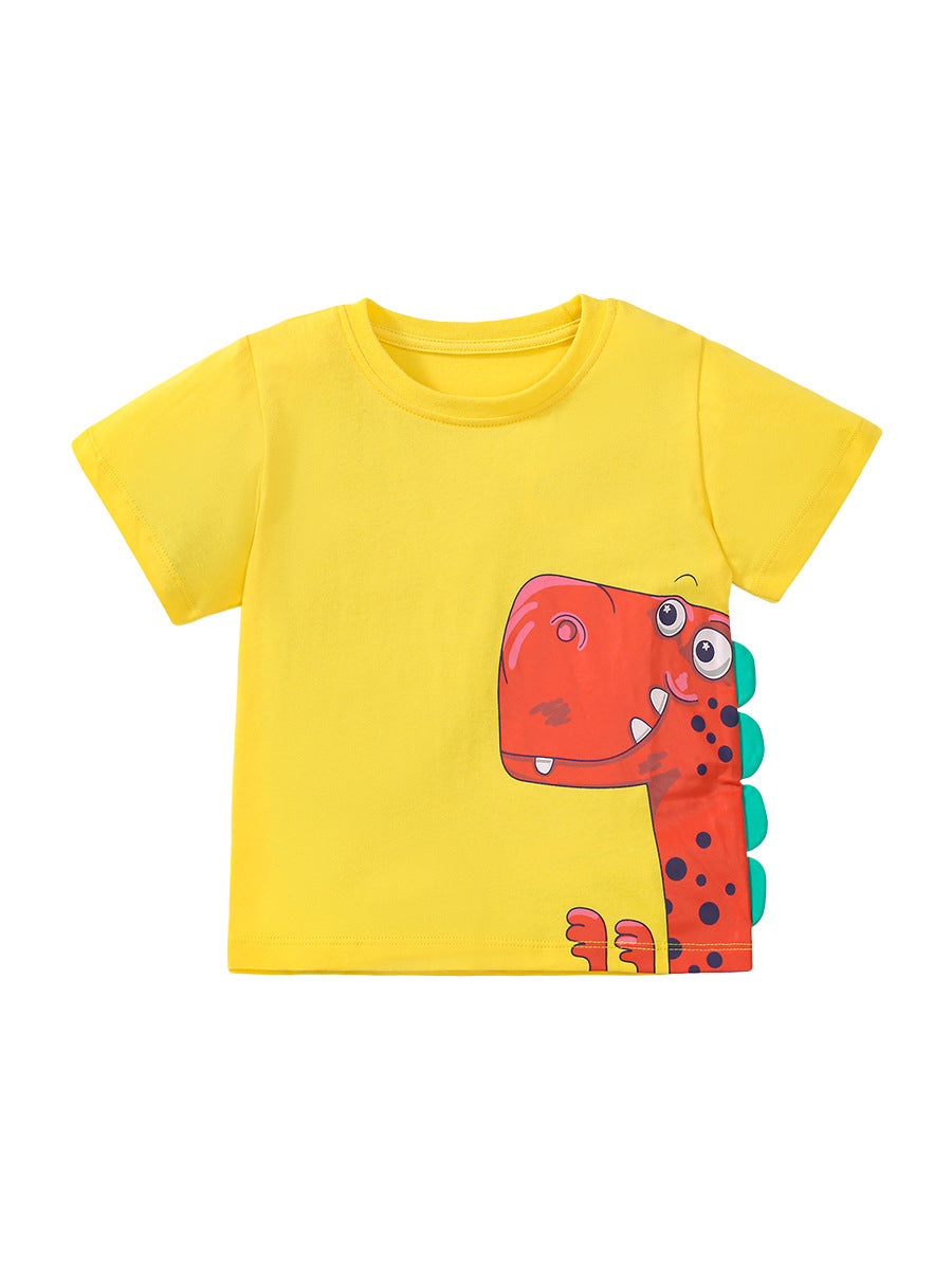 A vibrant yellow boys' t-shirt featuring a playful red dinosaur cartoon design, perfect for summer wear.