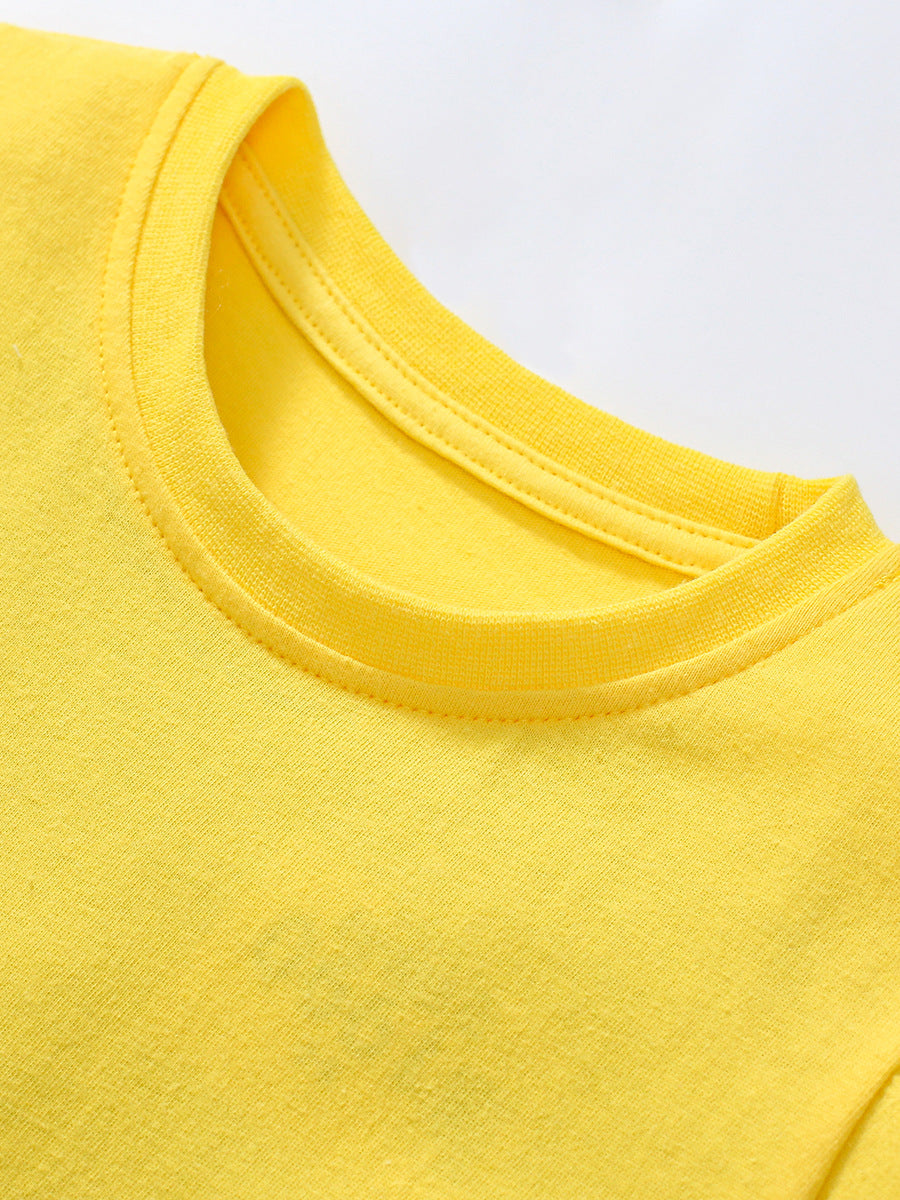 A vibrant yellow boys' t-shirt featuring a playful red dinosaur cartoon design, perfect for summer wear.