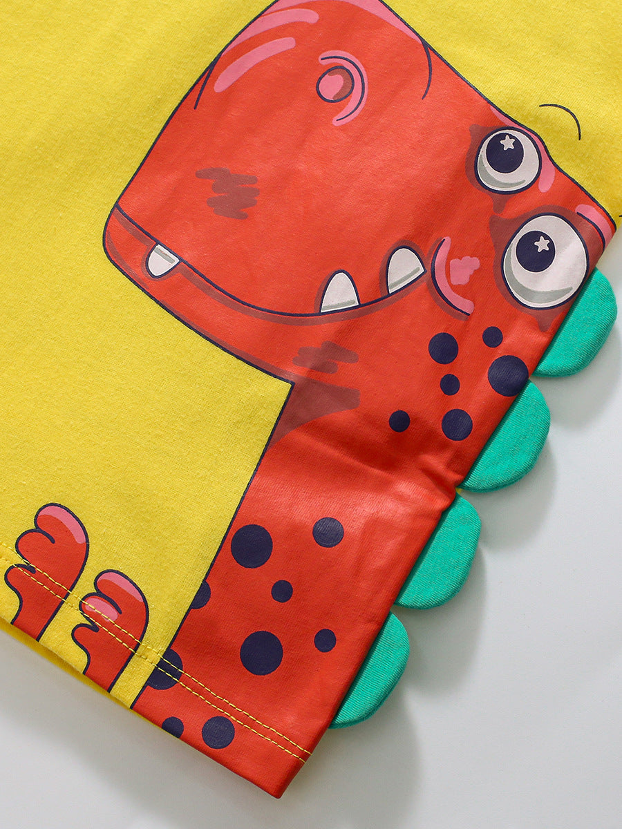 A vibrant yellow boys' t-shirt featuring a playful red dinosaur cartoon design, perfect for summer wear.