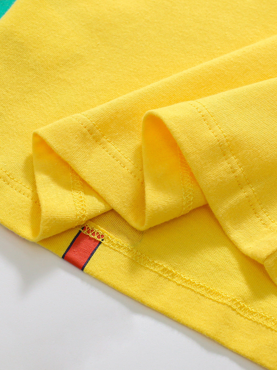 A vibrant yellow boys' t-shirt featuring a playful red dinosaur cartoon design, perfect for summer wear.