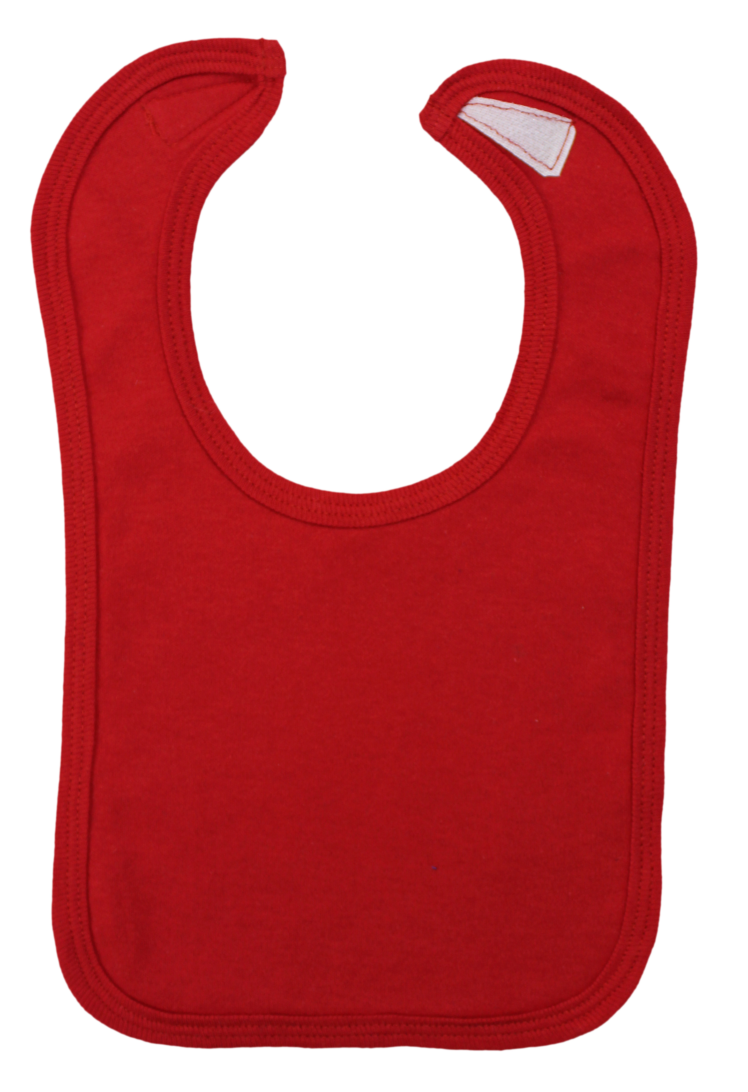 Red interlock bib for infants, featuring a hook and loop closure, designed to keep babies clean during meals.