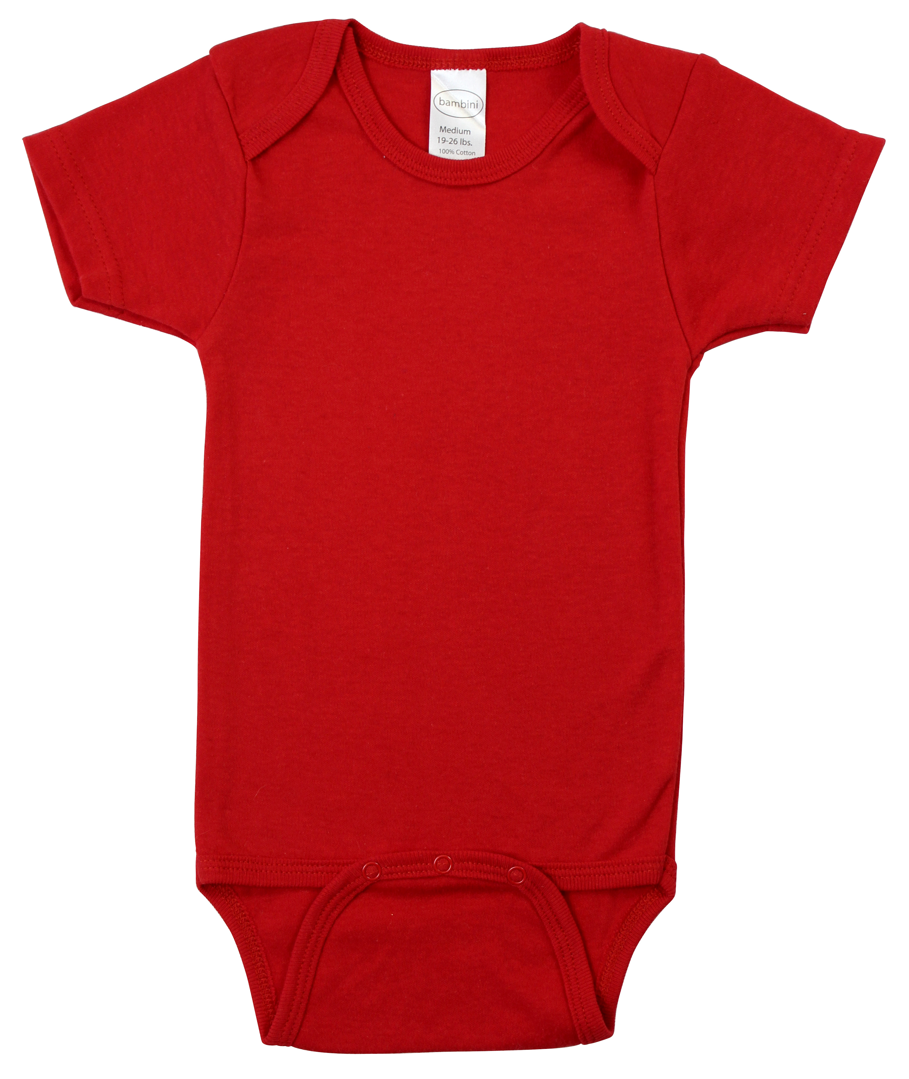 A vibrant red short sleeve bodysuit made of 100% cotton interlock, designed for babies in various sizes.