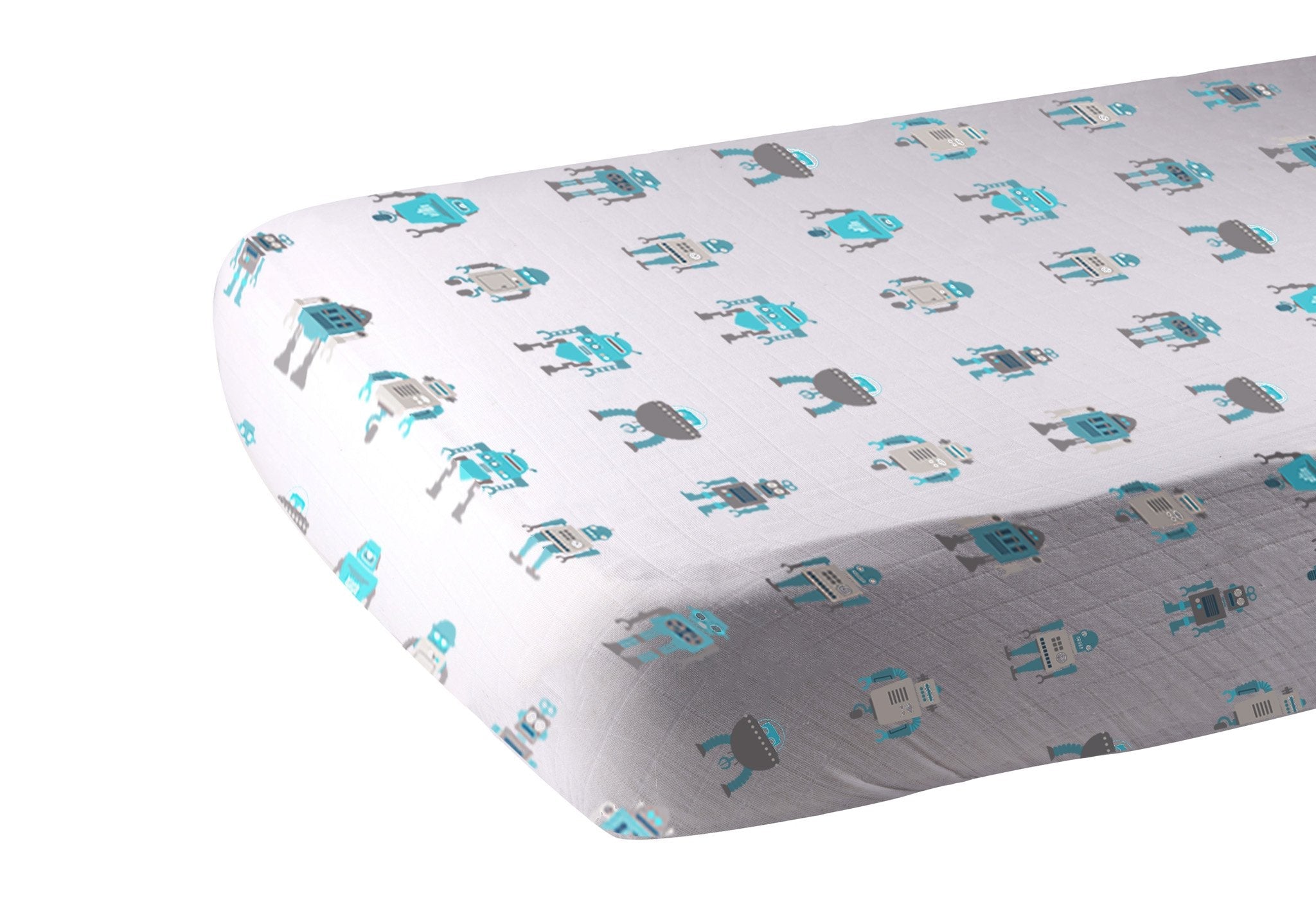 Robot Cotton Muslin Crib Sheet featuring a playful robot design, made from soft and breathable natural cotton muslin.