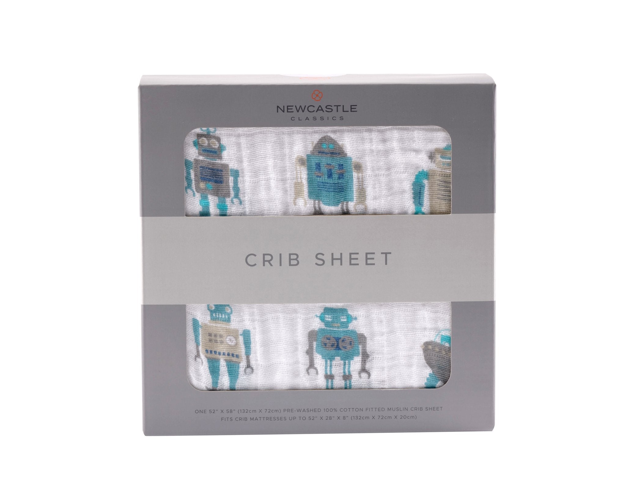 Robot Cotton Muslin Crib Sheet featuring a playful robot design, made from soft and breathable natural cotton muslin.