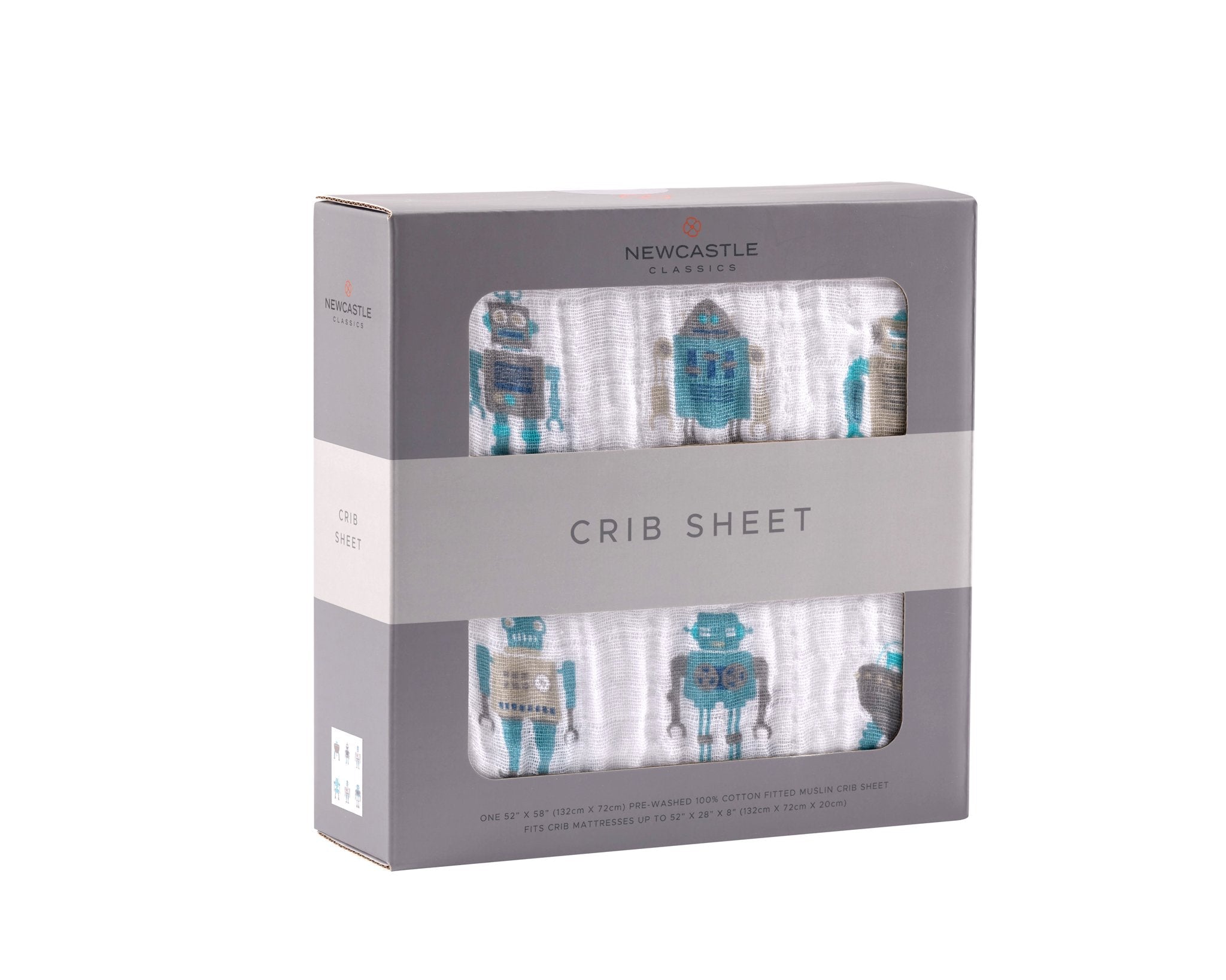 Robot Cotton Muslin Crib Sheet featuring a playful robot design, made from soft and breathable natural cotton muslin.