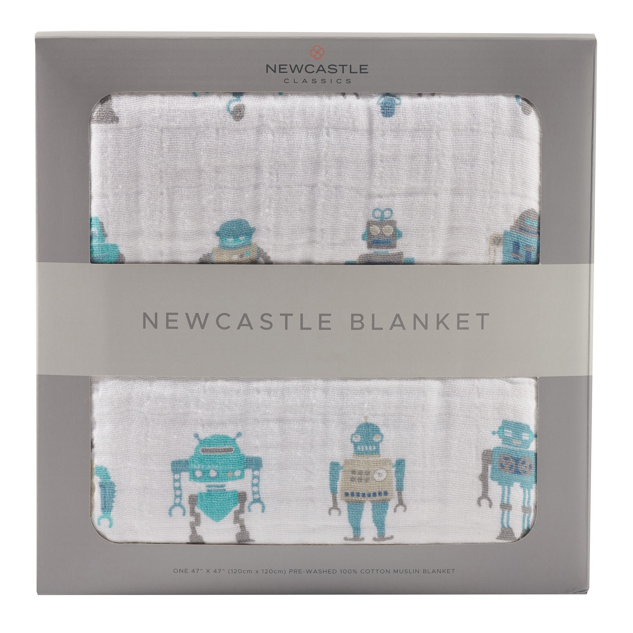 Robots Cotton Muslin Newcastle Blanket featuring playful robot designs in vibrant colors, made from soft and breathable natural cotton muslin.