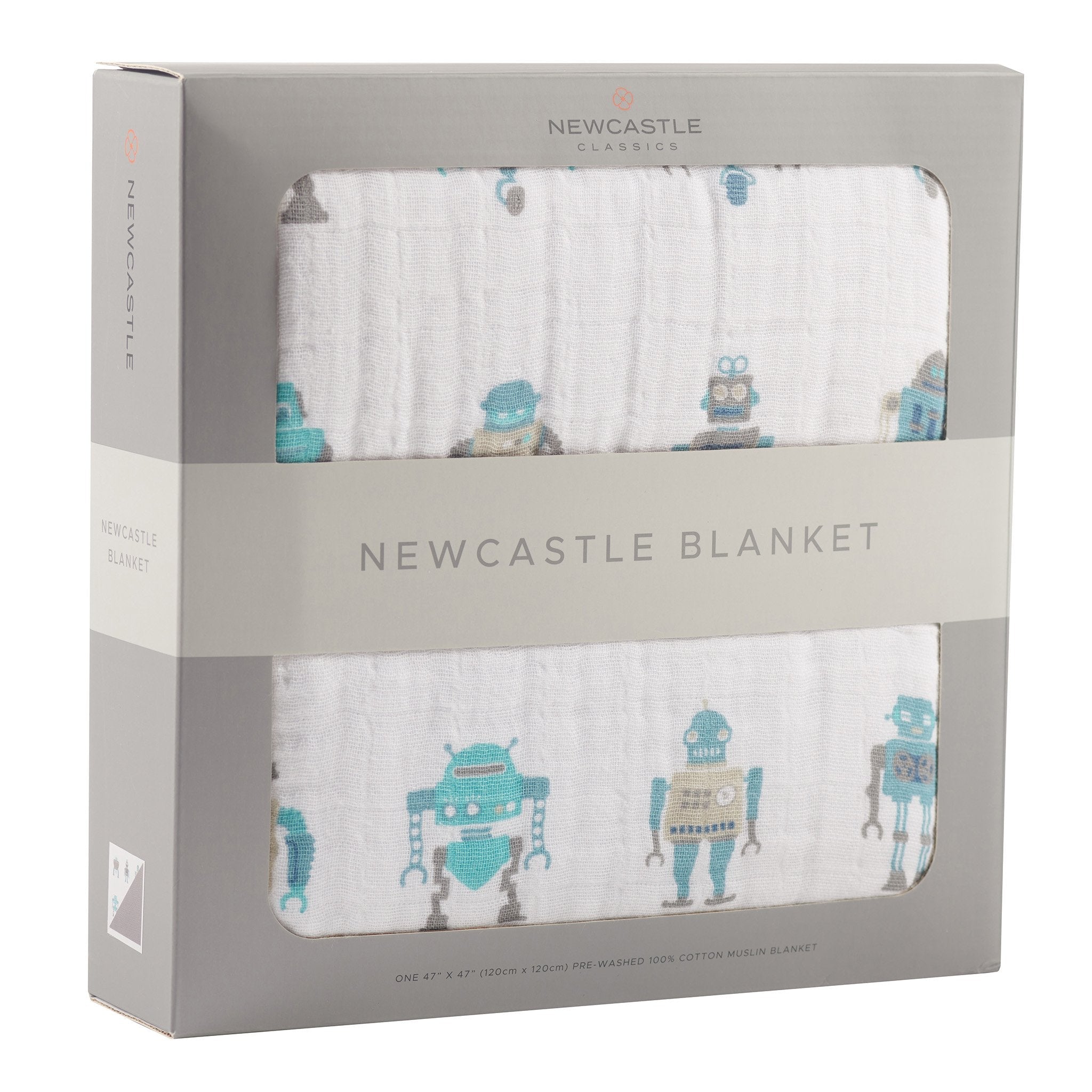 Robots Cotton Muslin Newcastle Blanket featuring playful robot designs in vibrant colors, made from soft and breathable natural cotton muslin.