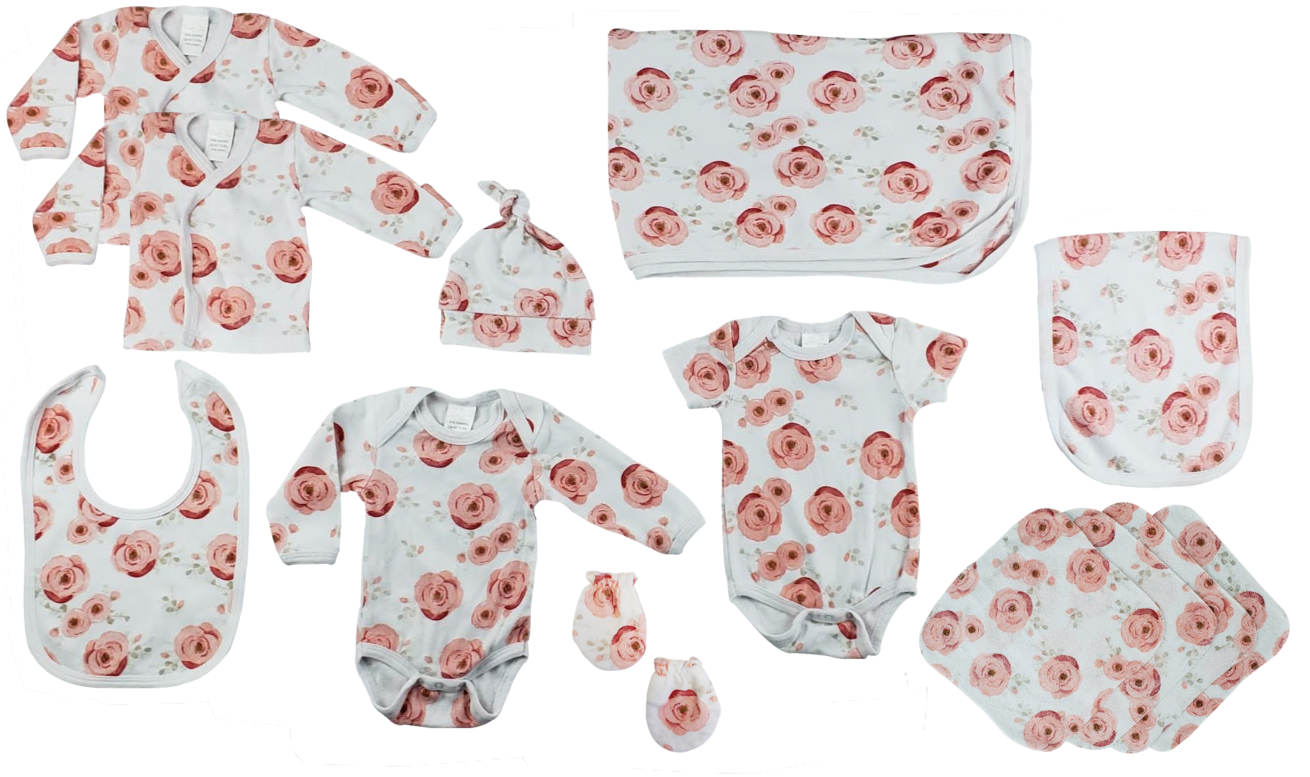 Rose Print Newborn 13 Piece Set featuring soft cotton interlock fabric, including shirts, onesies, a cap, bib, burp cloth, wash cloths, and mittens.