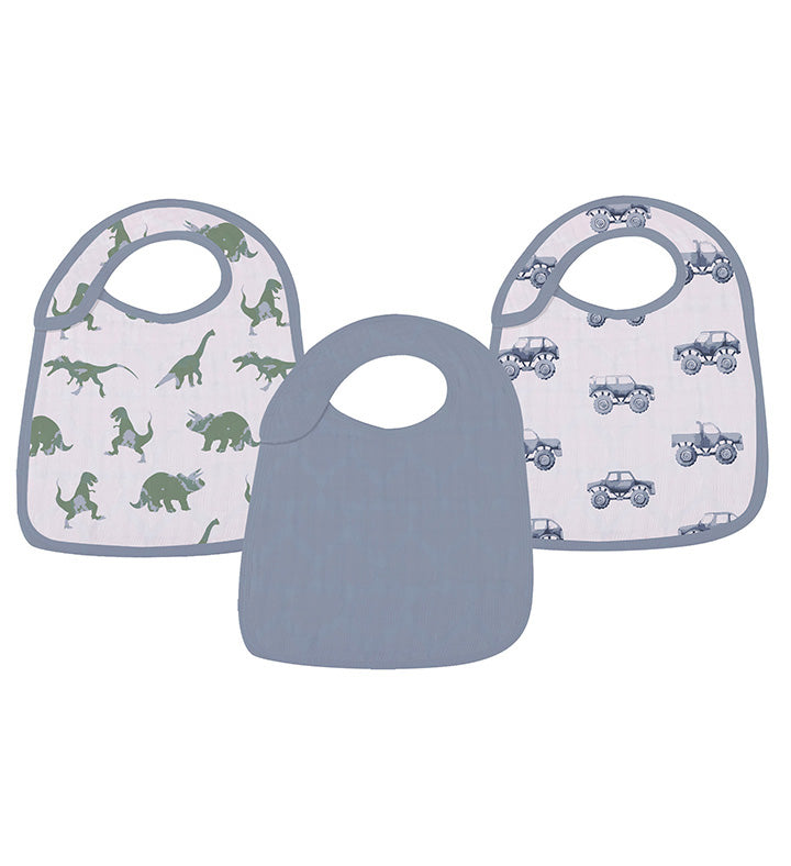 Rough Terrain Cotton Snap Bibs in soft natural cotton, featuring multiple snaps for adjustable fit and extra absorbent fabric for feeding and teething.