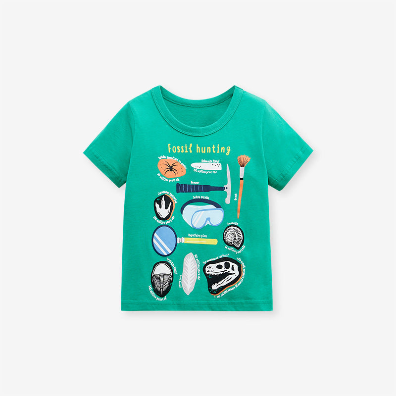 Round neck green t-shirt for boys featuring a cartoon fossil hunting design, made from soft cotton material.