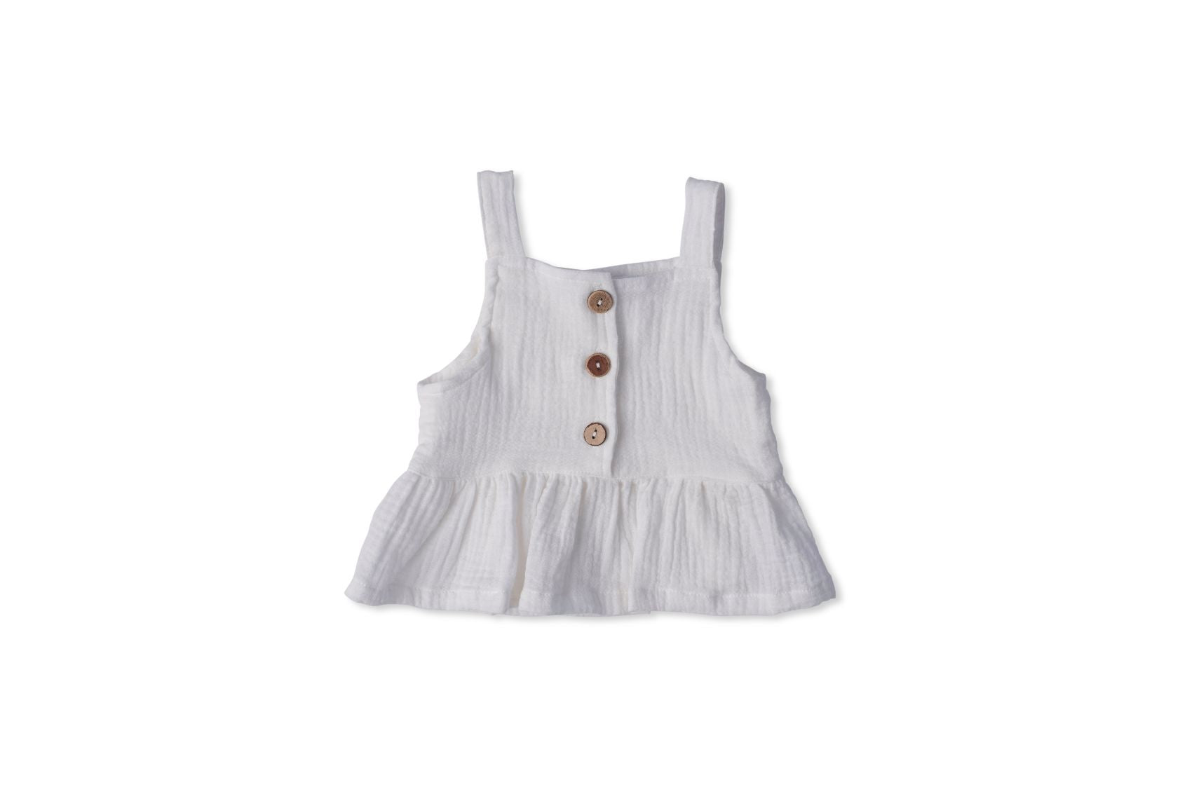 A soft cotton ruffle tank top in beige and white, perfect for layering and comfortable wear for children.