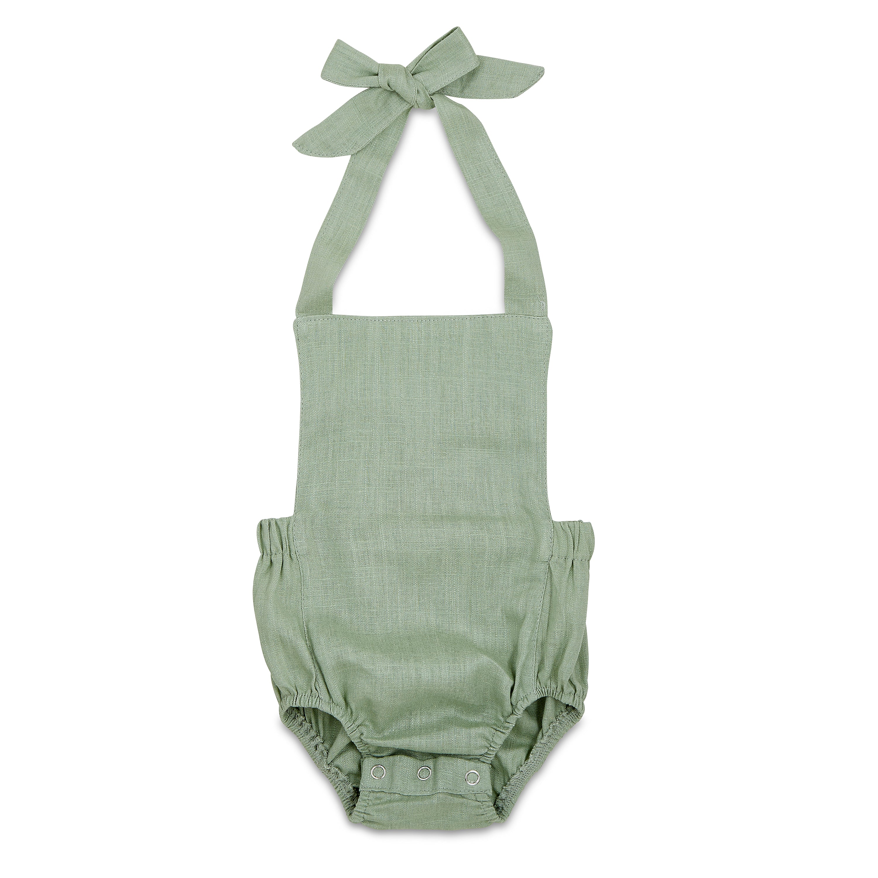 A stylish Sage Halter Romper made from soft linen, featuring diaper snaps and a chic halter design, perfect for babies.