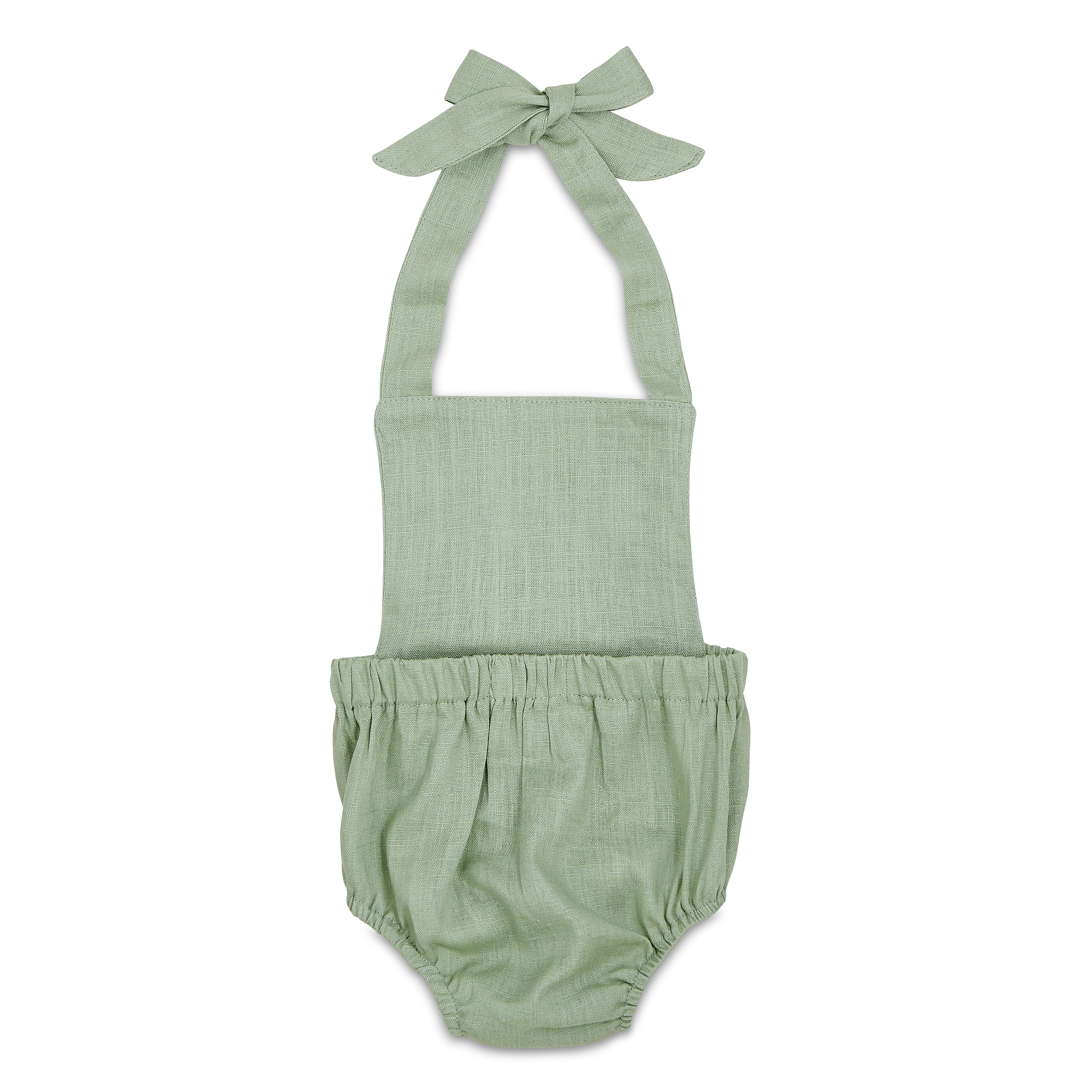 A stylish Sage Halter Romper made from soft linen, featuring diaper snaps and a chic halter design, perfect for babies.