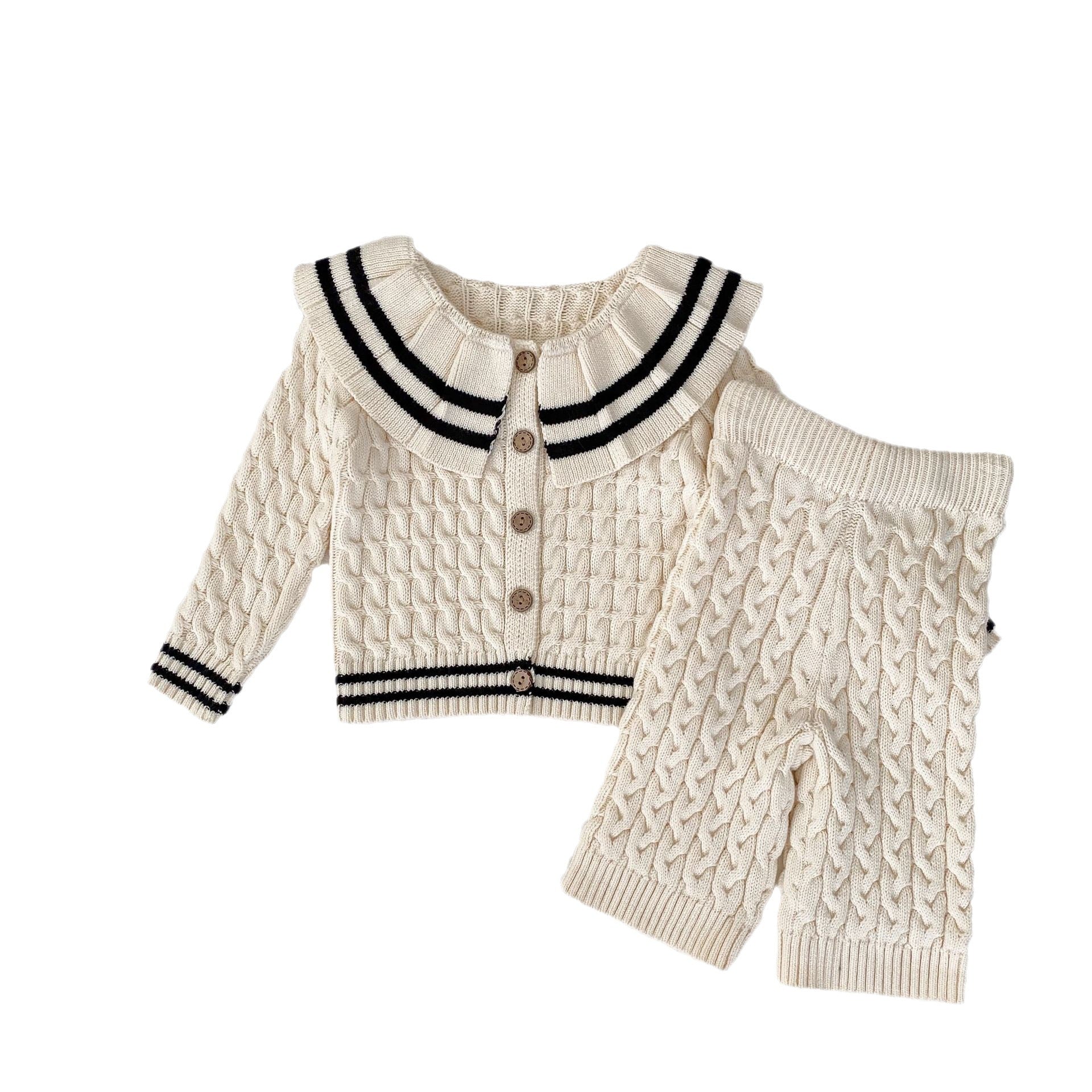 A beige knitted clothing set for girls featuring a sailor collar and striped pattern, perfect for spring and autumn wear.