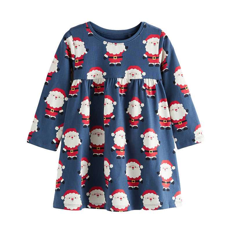 Navy blue long sleeve cotton dress featuring a playful Santa Claus pattern, perfect for baby girls and girls.