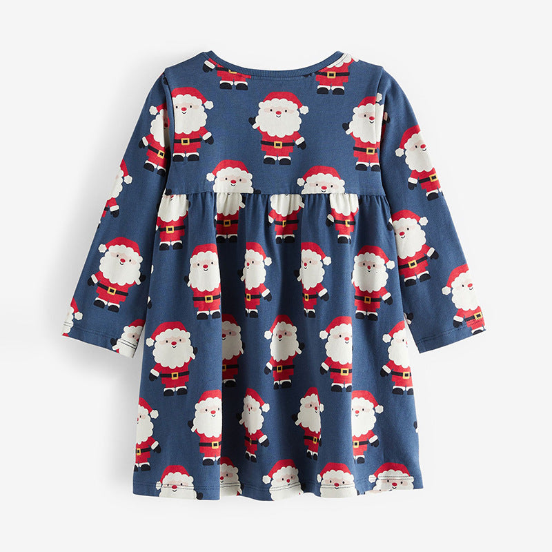 Navy blue long sleeve cotton dress featuring a playful Santa Claus pattern, perfect for baby girls and girls.