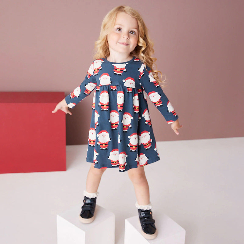 Navy blue long sleeve cotton dress featuring a playful Santa Claus pattern, perfect for baby girls and girls.