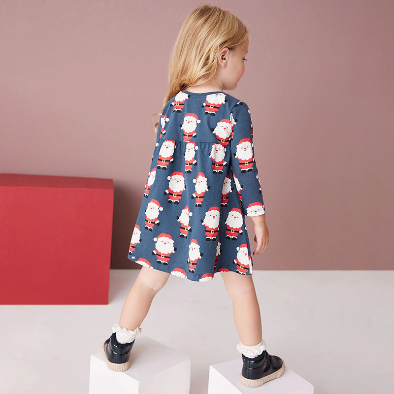 Navy blue long sleeve cotton dress featuring a playful Santa Claus pattern, perfect for baby girls and girls.