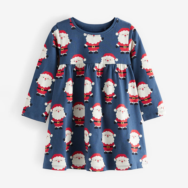 Navy blue long sleeve cotton dress featuring a playful Santa Claus pattern, perfect for baby girls and girls.