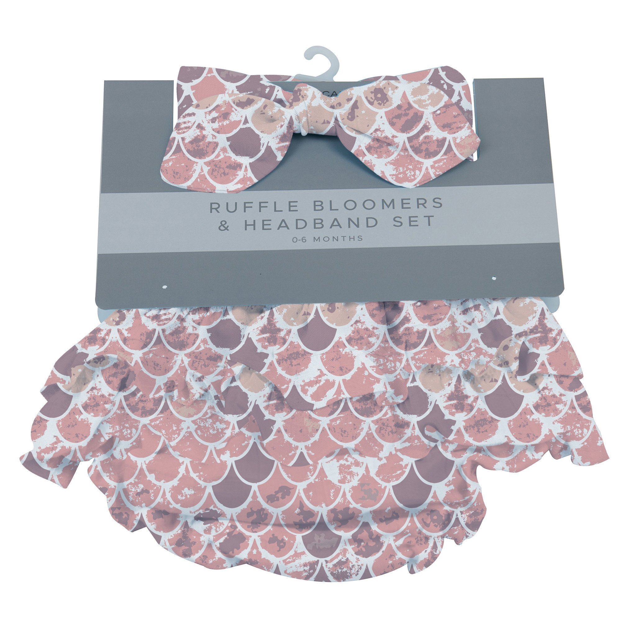 A stylish Scales Ruffle Bamboo Bloomer Headband Set featuring soft bamboo fabric, ruffled bloomers, and a matching headband, perfect for infants.