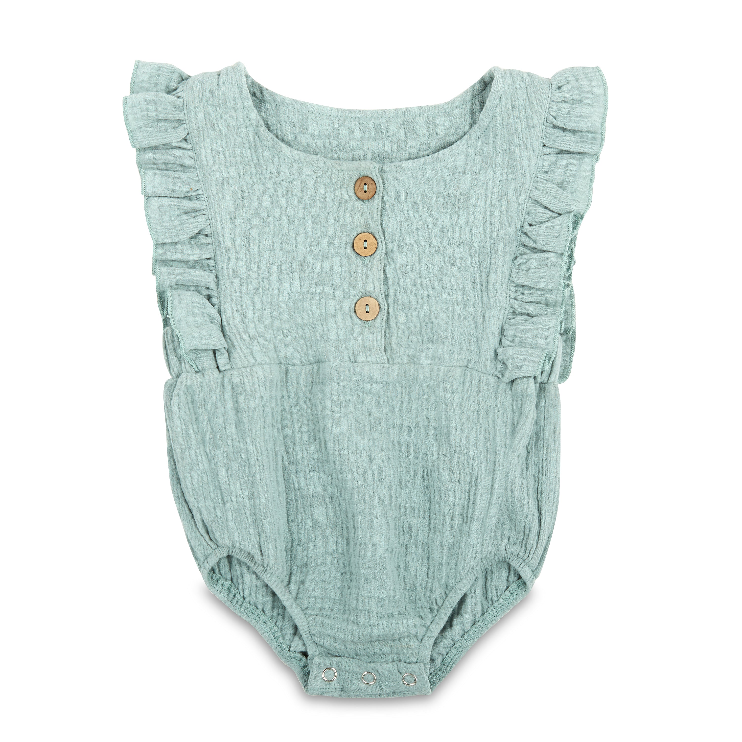 A stylish Seafoam Summer Romper made from soft linen, featuring diaper snaps and a classic design for babies.