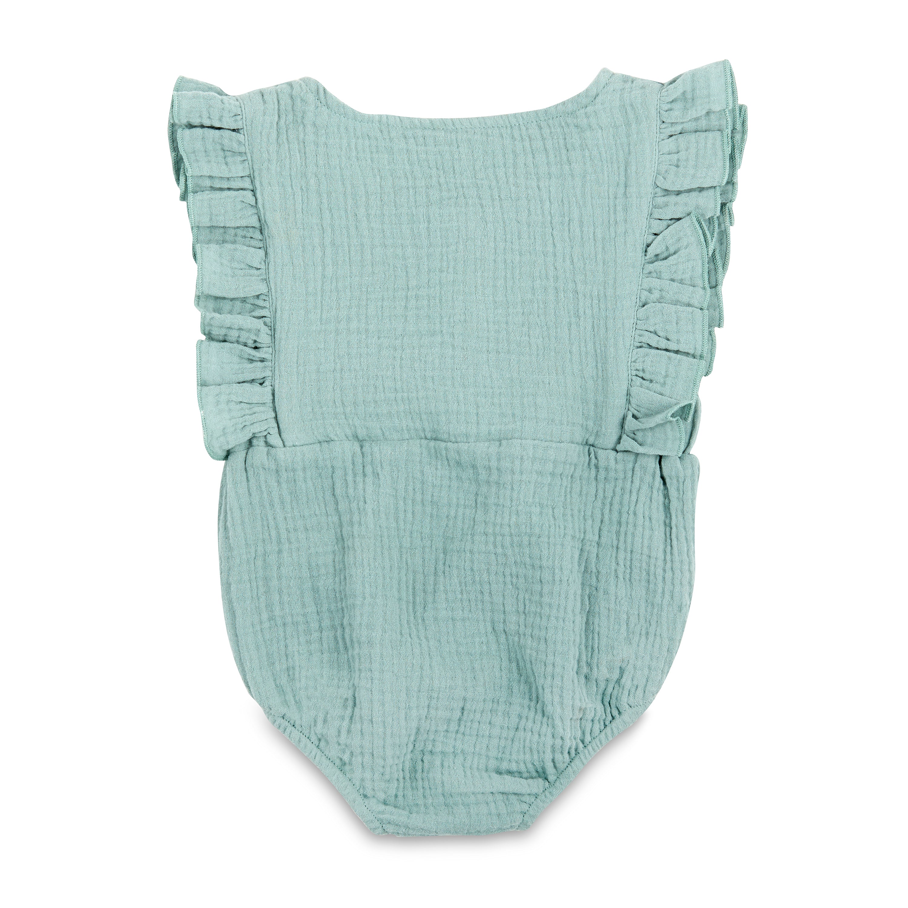 A stylish Seafoam Summer Romper made from soft linen, featuring diaper snaps and a classic design for babies.