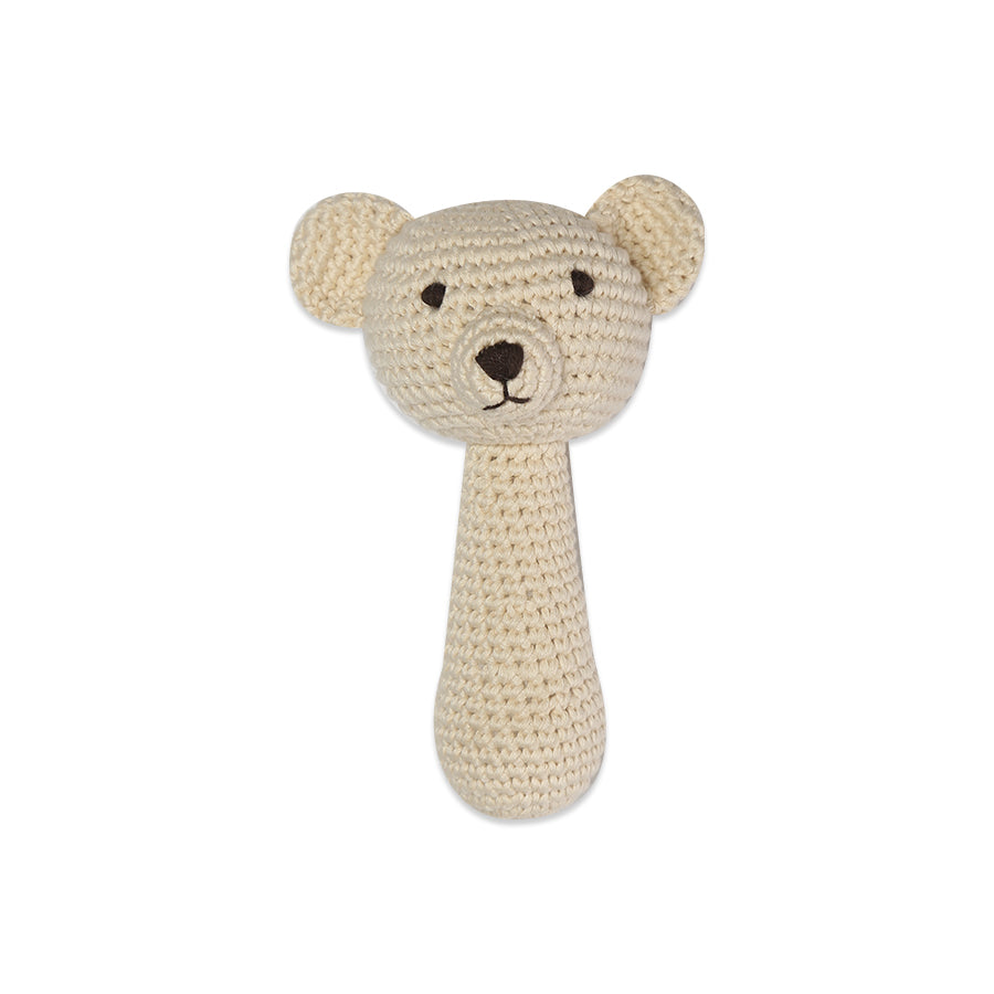 Handcrafted Shaker Rattle Bear made from 100% cotton yarn, featuring a cute bear design, perfect for infants and toddlers.