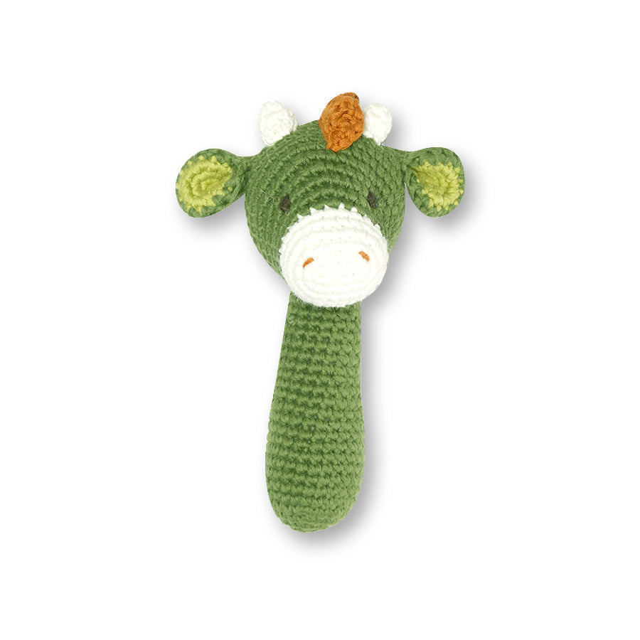 Handmade Shaker Rattle Dinosaur in vibrant colors, crafted from 100% cotton yarn, perfect for infants and toddlers.