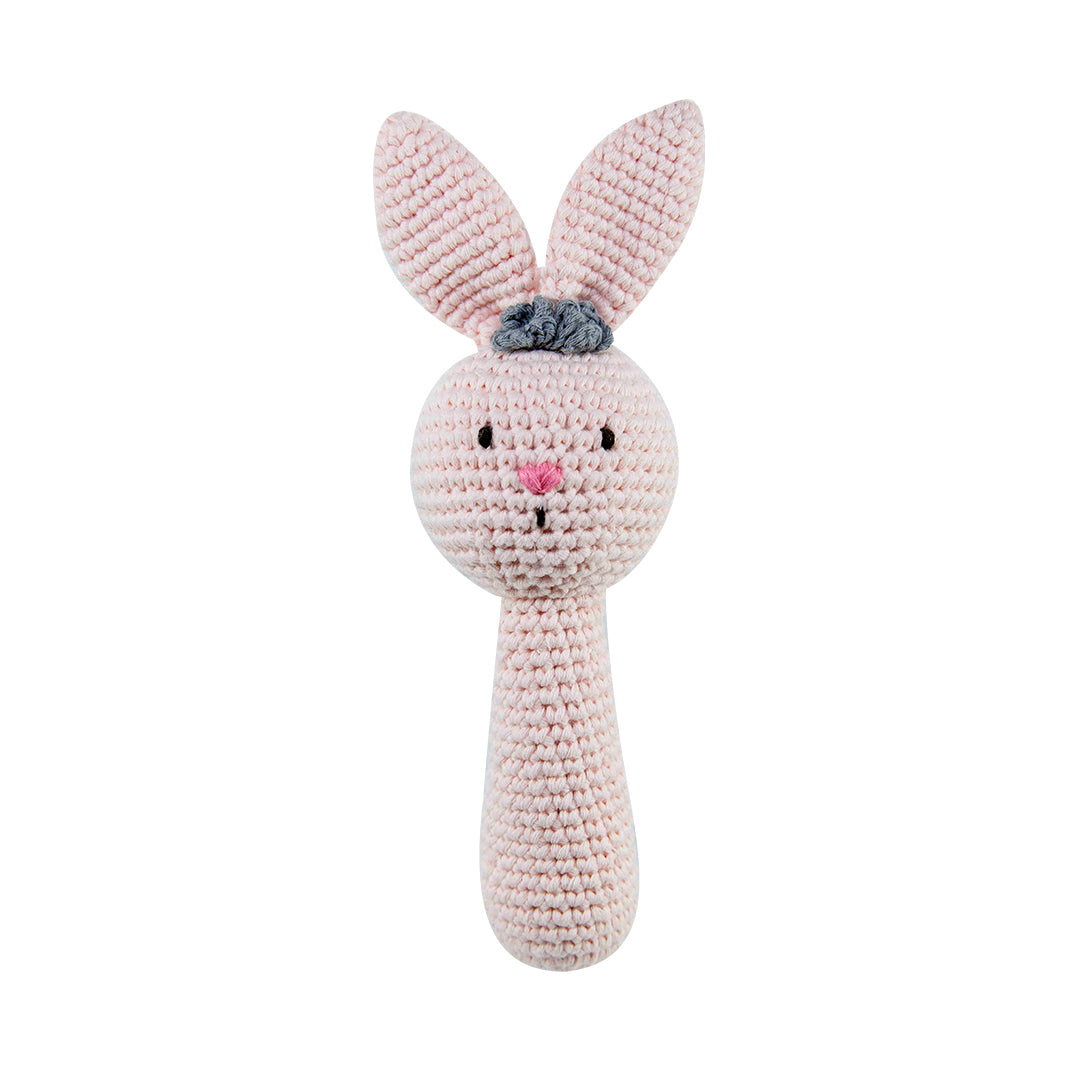 Handmade Shaker Rattle Rabbit V1 crochet toy in vibrant colors, made from 100% cotton yarn, perfect for babies and toddlers.