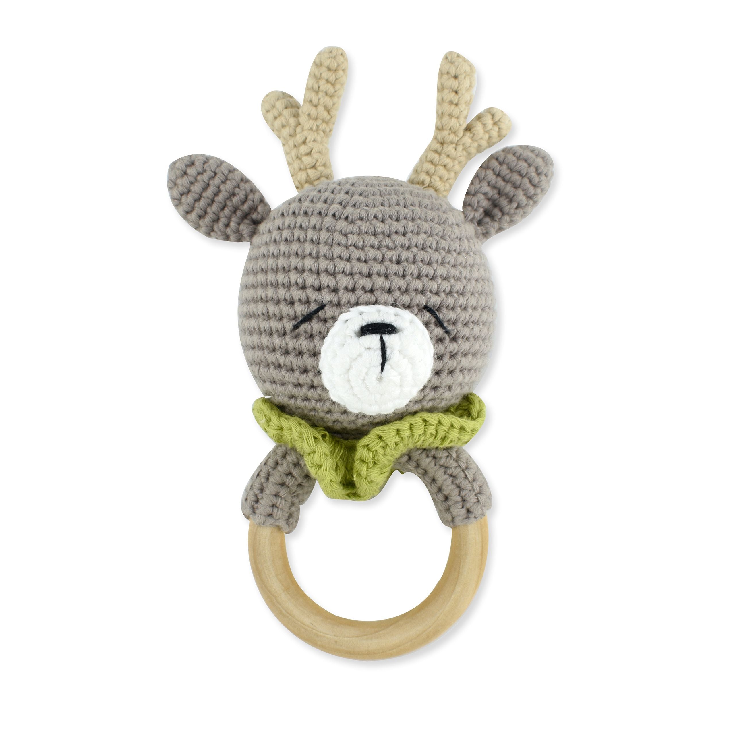 Handmade Shaker Ring Reindeer toy made from 100% cotton yarn, featuring a soft texture and vibrant colors, perfect for children to shake and play.