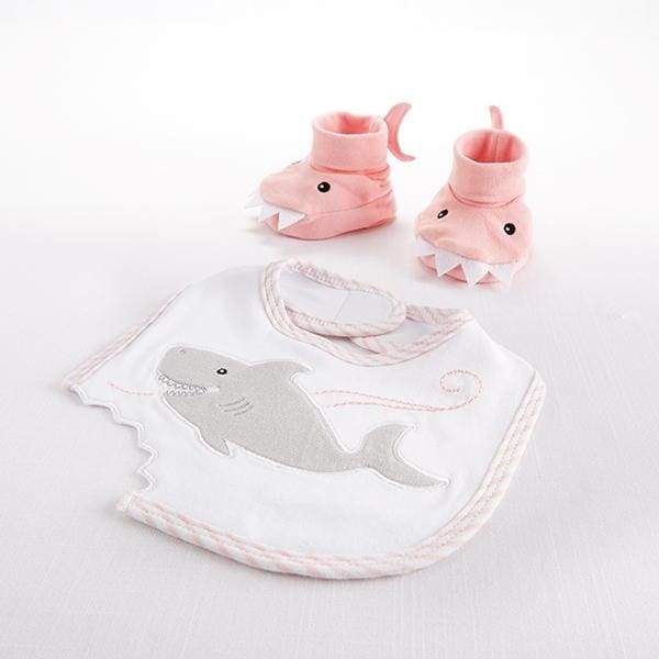 Shark Baby 6-Piece Gift Set Bundle in pink featuring bib, booties, hooded towel, bath mitt, and spa slippers, all with charming shark designs.